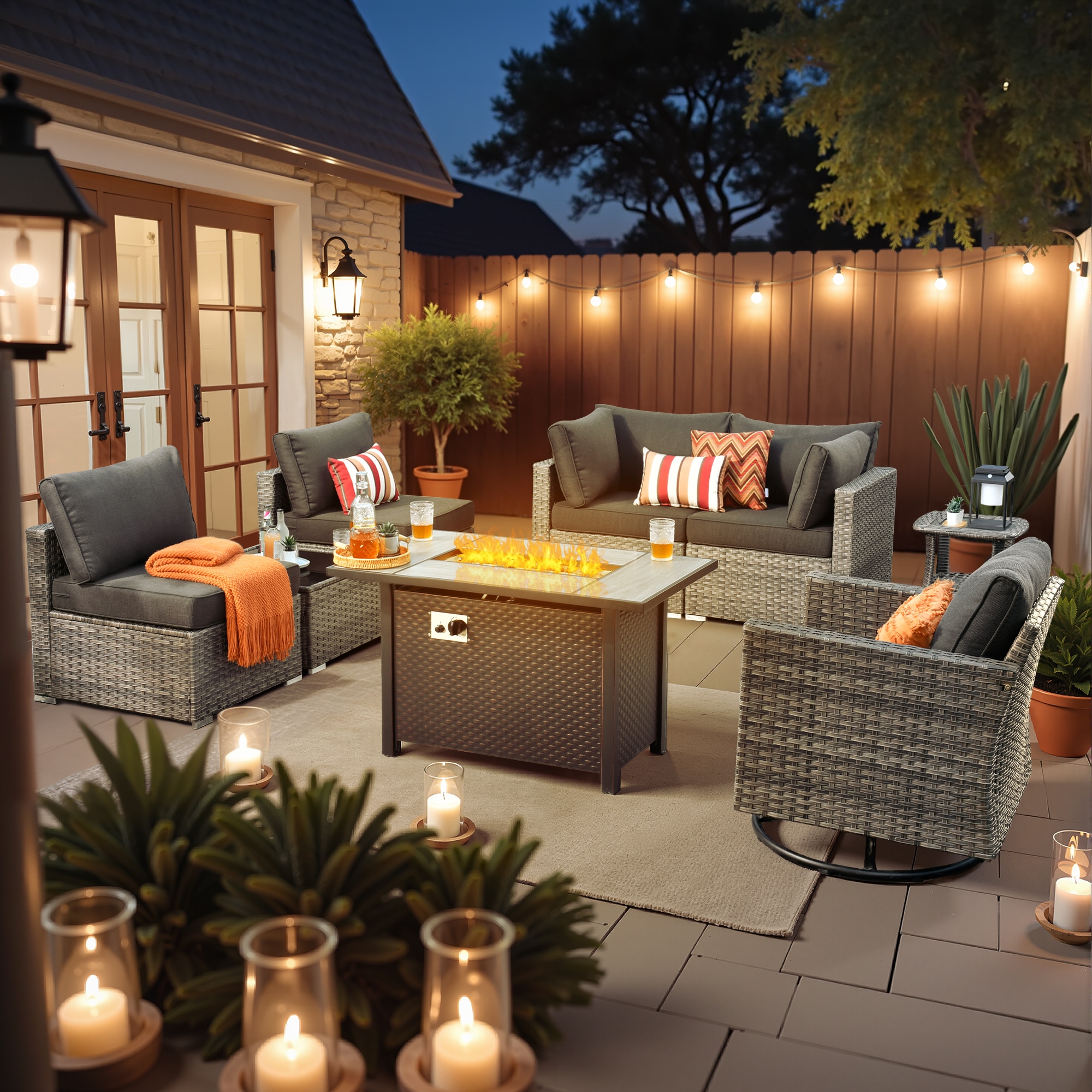 weaxty DCFP03RRSGRS108 Kuuga 8 -Piece Rattan Patio Conversation Set with Black Cushions