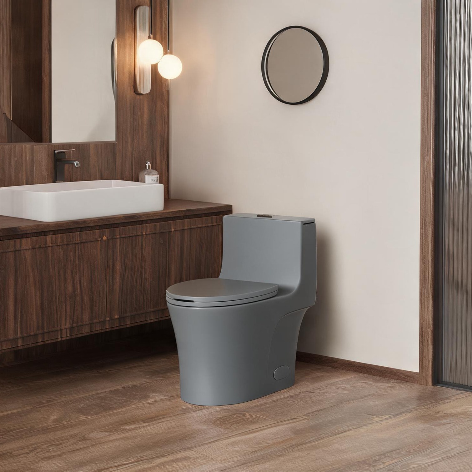 SUNCREAT - Modern Bathroom One-Piece Toilet in Neutral Gray with Elongated Bowl and Dual Flush