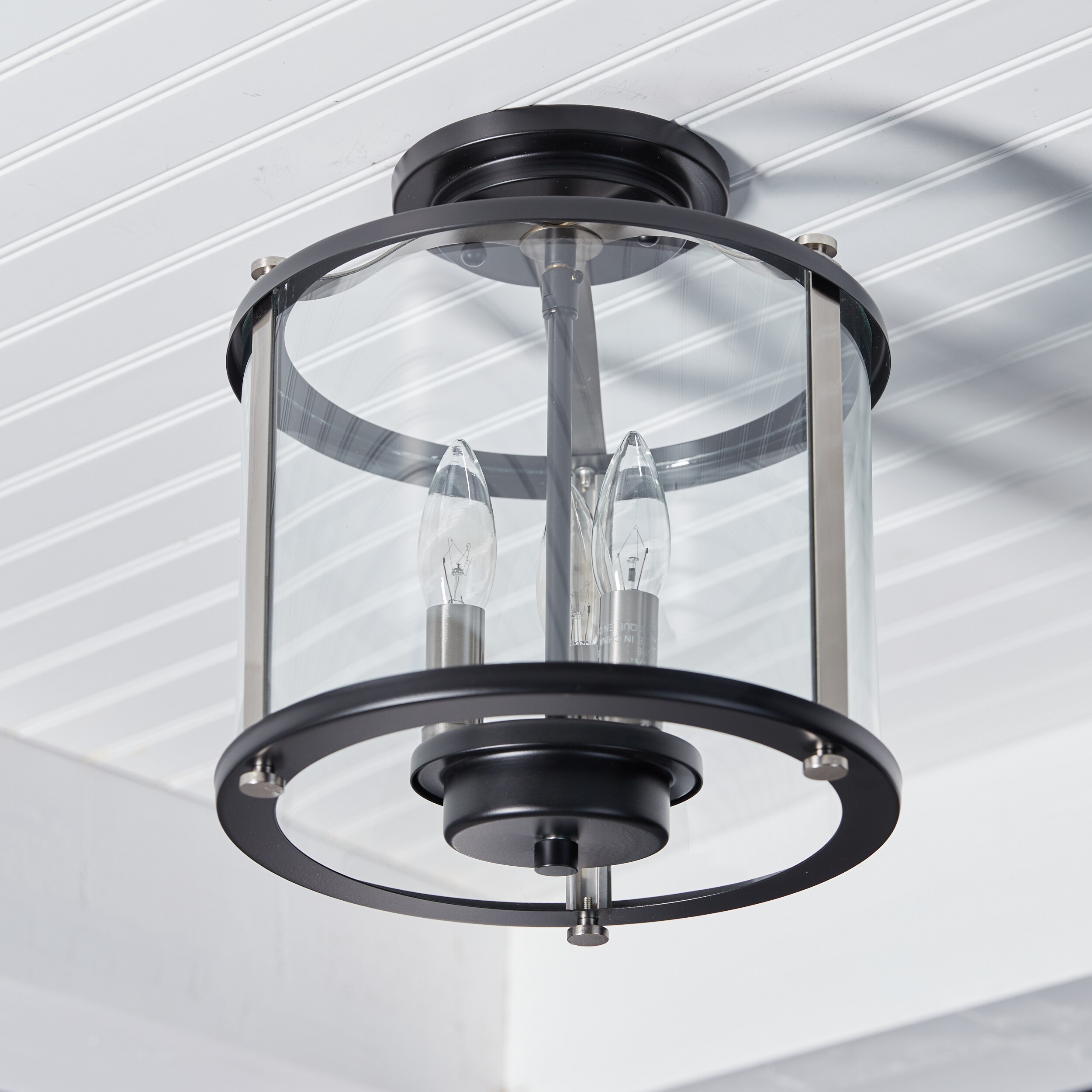 Transitional Squire Matte Black Semi-Flush Outdoor Light with Clear Glass