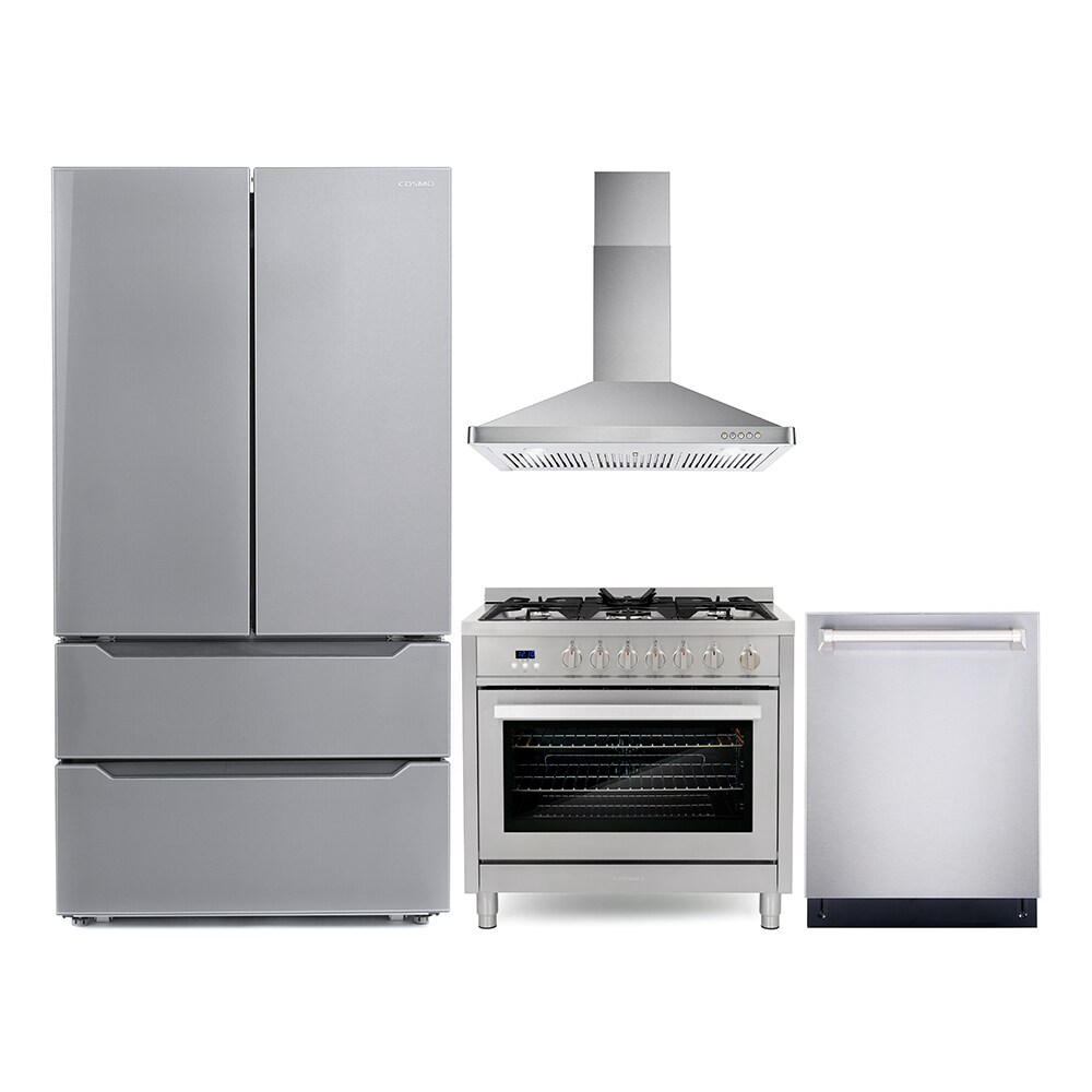cosmo cosmo 4 piece kitchen appliance packages with 36" freestanding gas  range 36" wall mount range hood 24" built-in integrated dishwasher & french