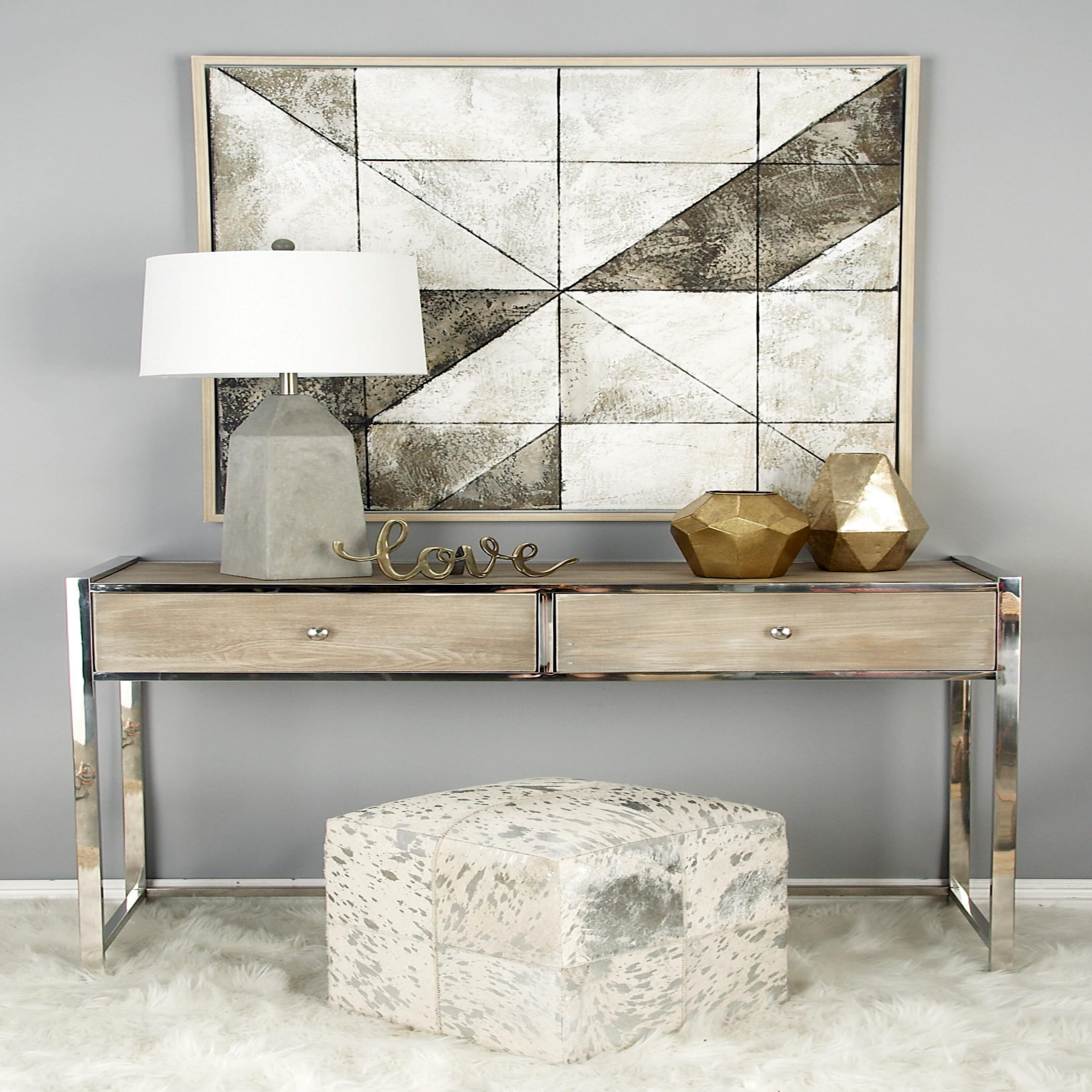 Grayson Lane 95945 Modern White Handmade with Silver Foil Paint Faux leather Ottoman