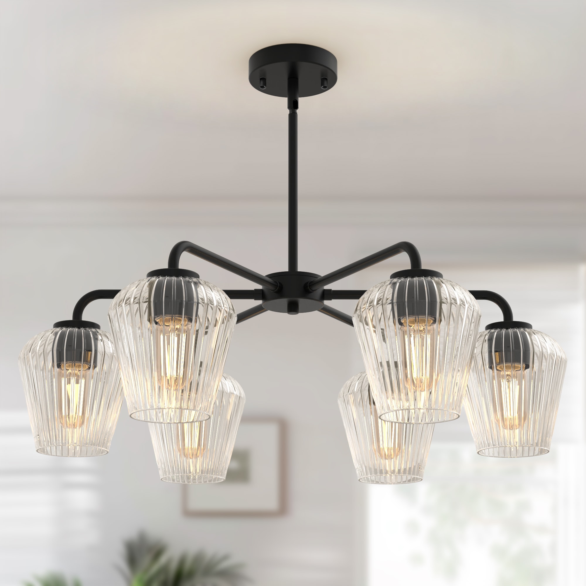 YANSUN LA-ZY-BX11101FBL-11 6 -Light Black Modern/contemporary Art glass Geometric Large Hanging Convertible pendant/Semi-flush