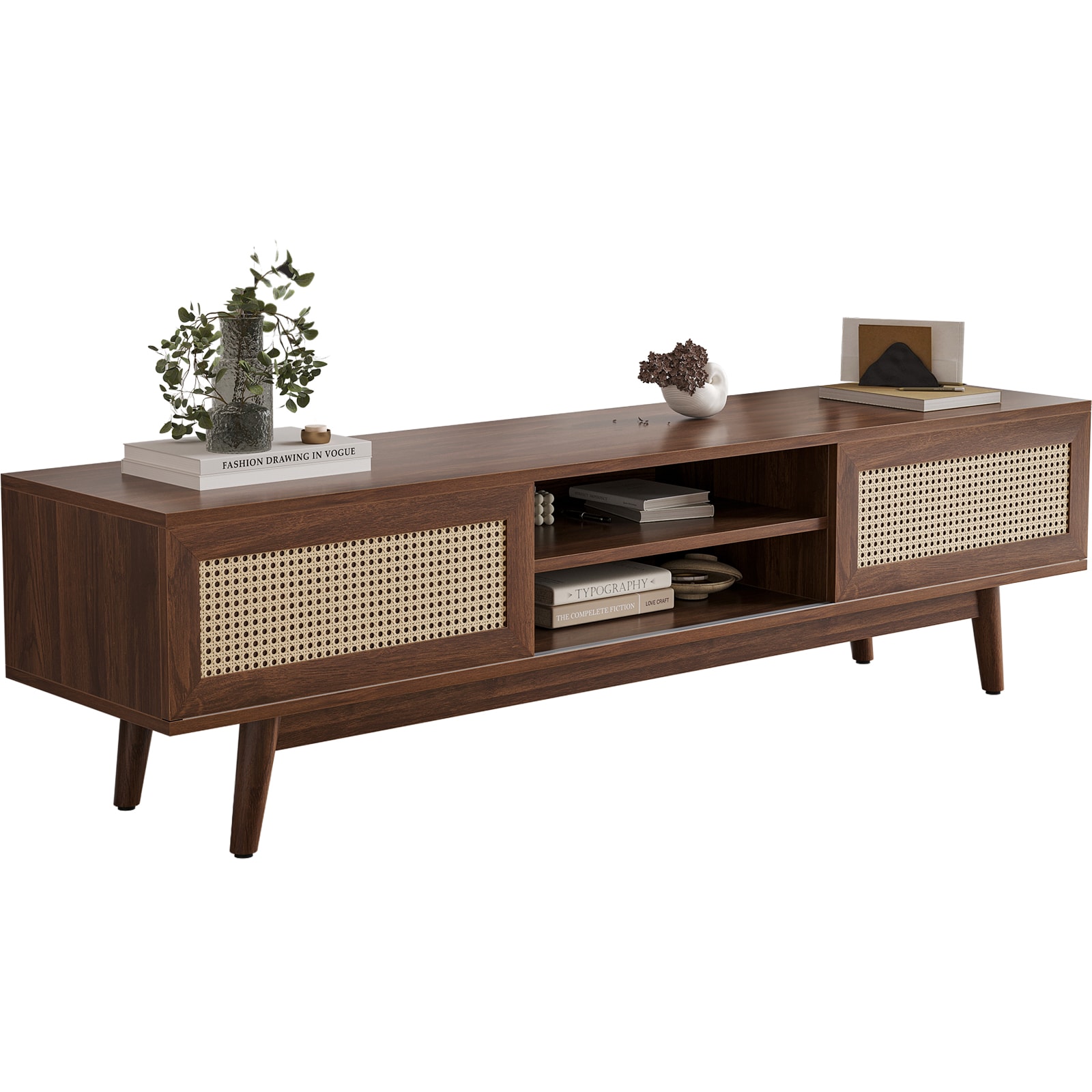 LOVMOR SF-X-T3623P380507 Rattan TV Stand Mid Century Modern Drawer 2 Cabinets Boho Entertainment Center