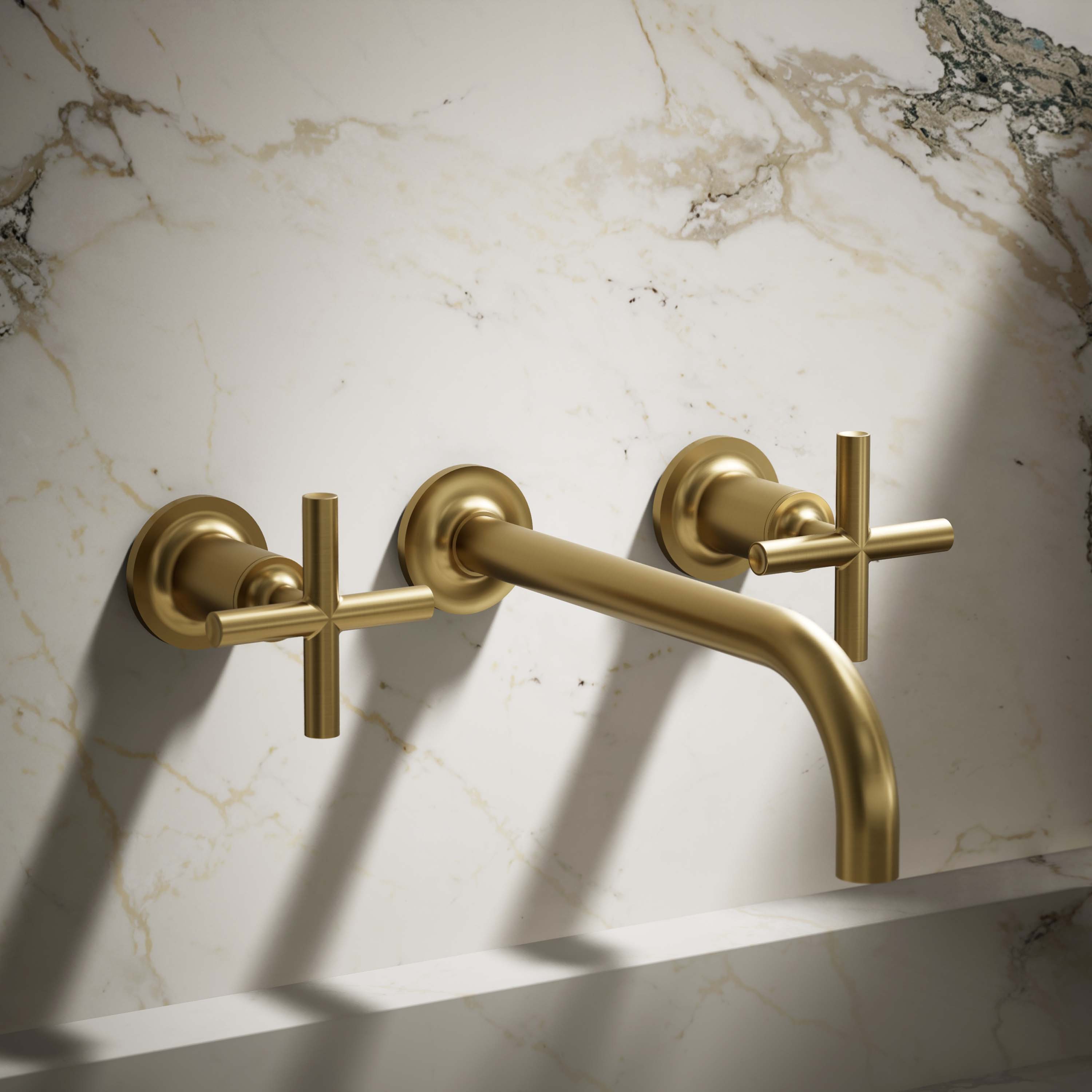 KOHLER K-T14414-3-2MB Purist Vibrant Brushed Moderne Brass Wall-mount 2-handle WaterSense Low-arc Commercial/Residential Handle Bathroom Sink Faucet with Deck Plate
