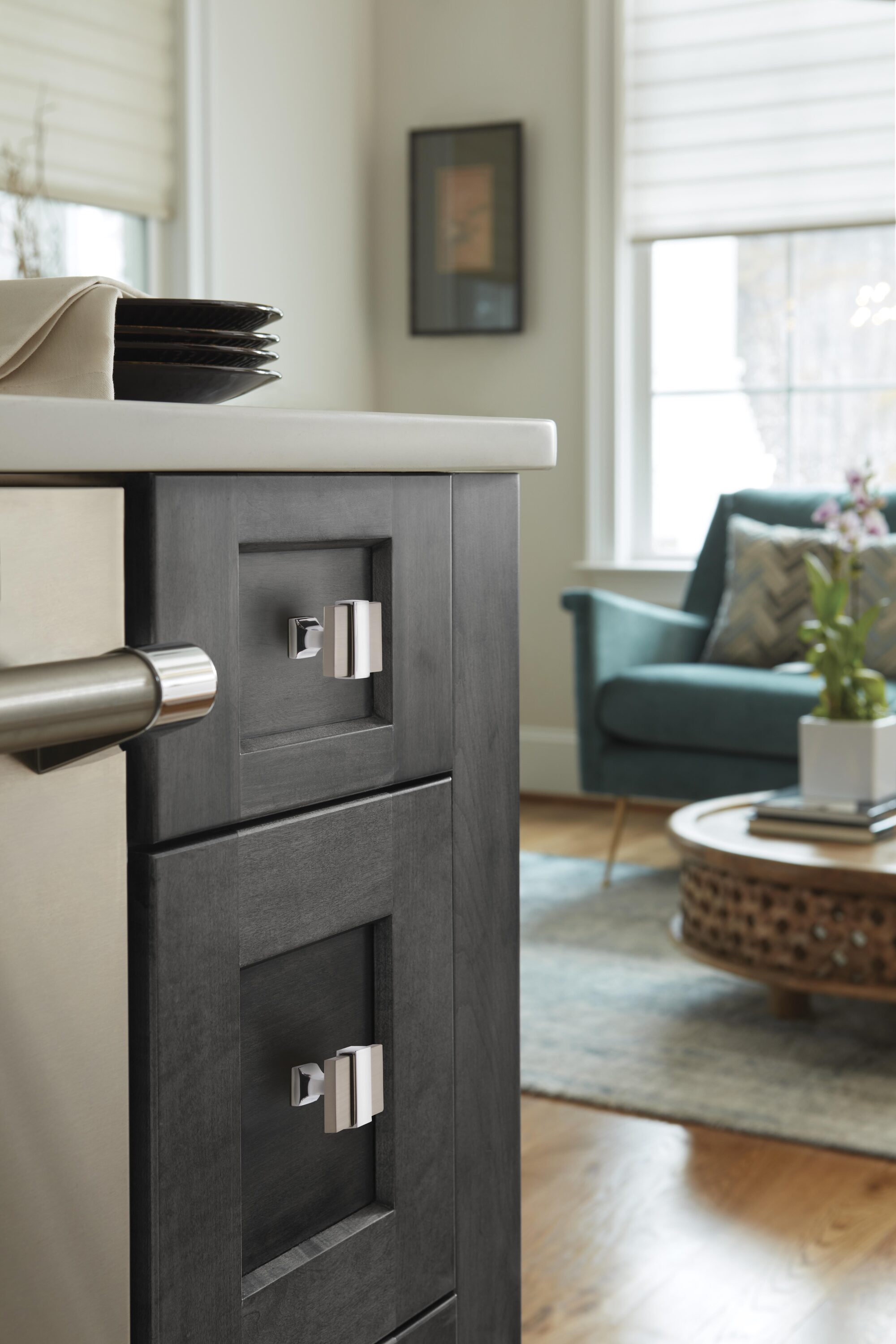 1-3/8" Satin Nickel and Polished Chrome Square Cabinet Knob