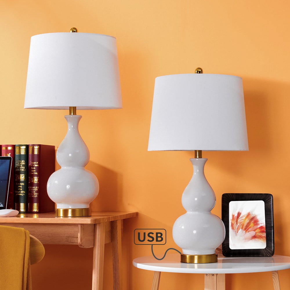 Maxax T08-WH Deluxe 26.5-in White LED Incandescent Rotary socket Table Lamp with Linen Shade 2 -Set