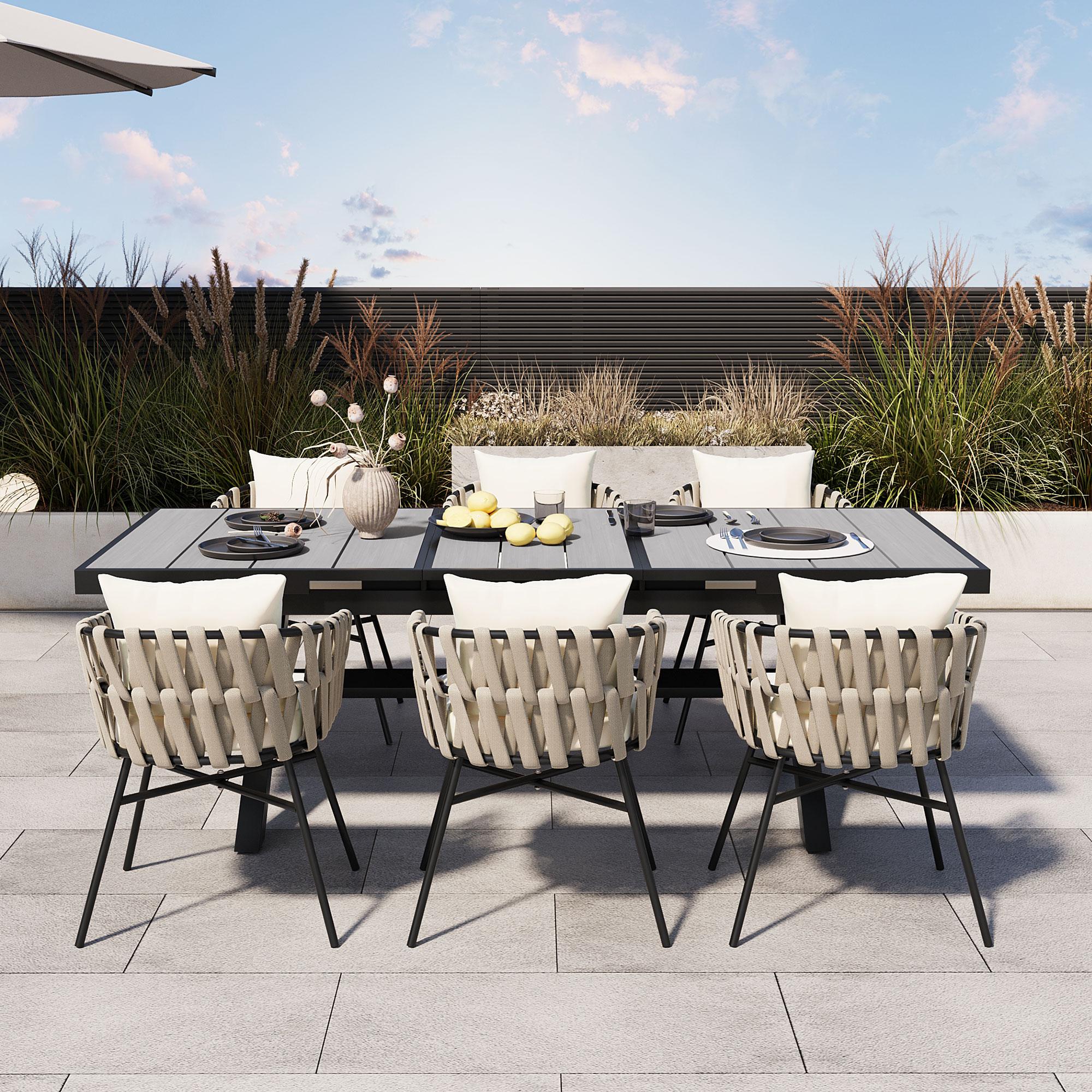 Bayfeve BFHP-S00002-OD 7-Piece Patio Dining Set Outdoor Furniture Set with Extendable Table 7 -Piece Black Woven Patio Dining Set Extendable Table Iron Rectangle Table with 6 Light gray Cushions Stationary Chairs