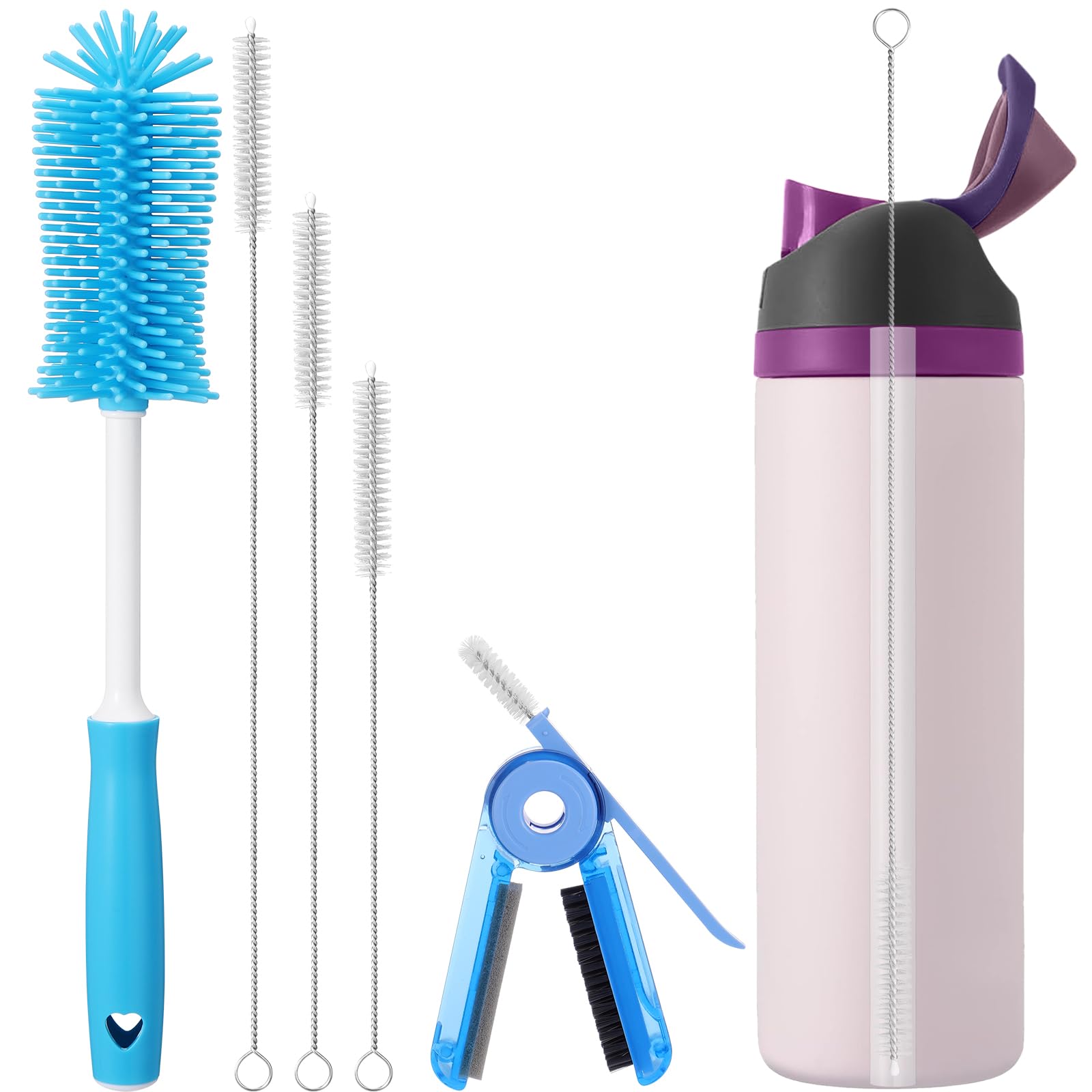 AKSCYZM  Water Bottle Cleaning Brush Kit for Cups and Straws 5 pcs Extra Long Handle Silicone Brush Multi Functional Cleaner Set Food Grade