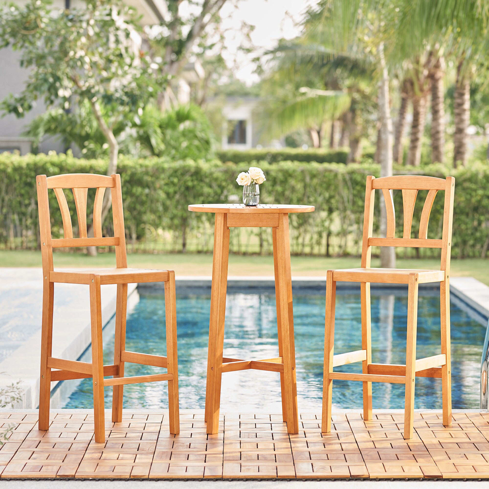 Clihome CB-V9SET1 Outdoor Bar Set 3 -Piece Wood Bar Height Patio Dining Set Wood Round Table with 2 Stationary Chairs