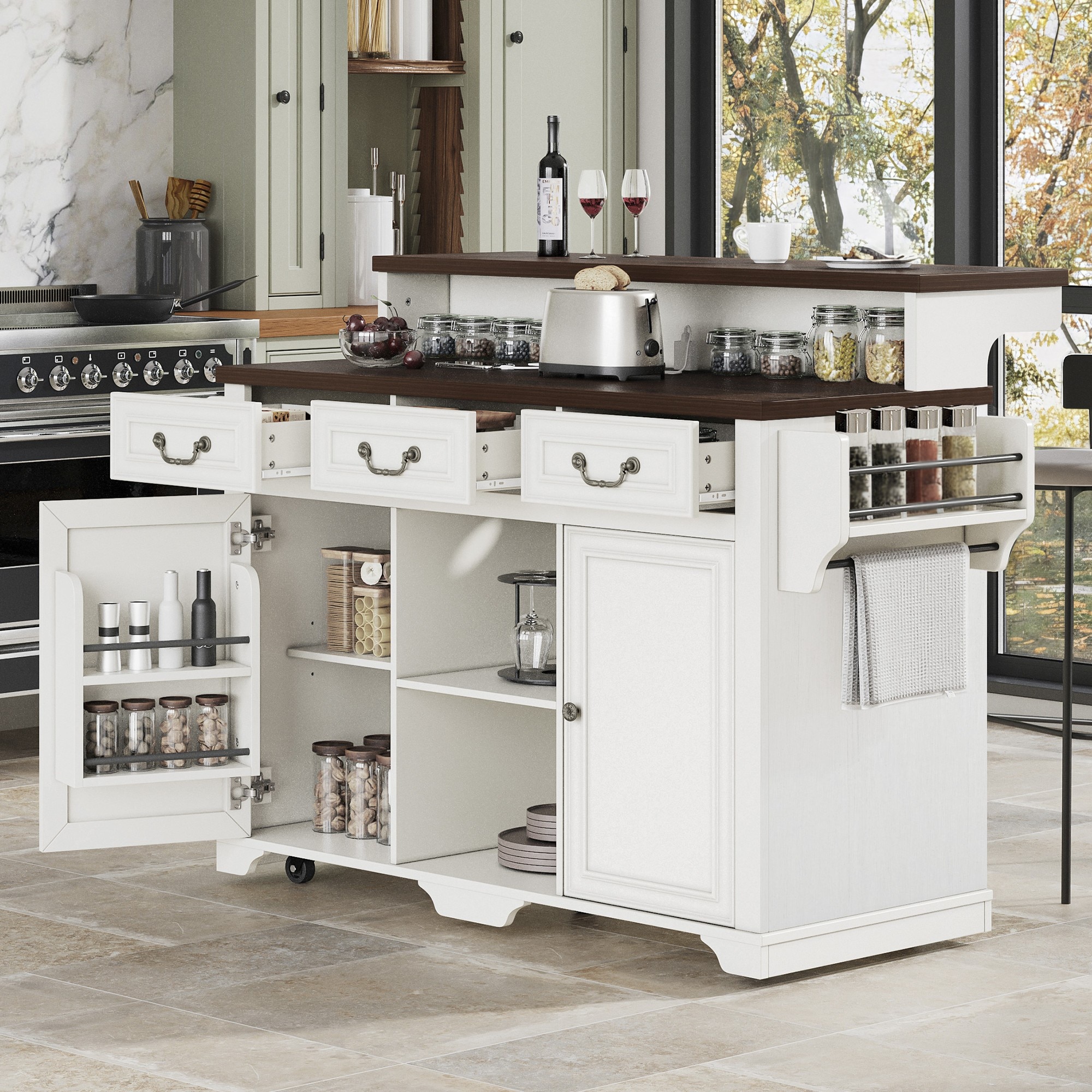Runesay White MDF Base with MDF Wood Top Rolling Kitchen Island ( 23.31-in x 53.15-in x 40.78-in )