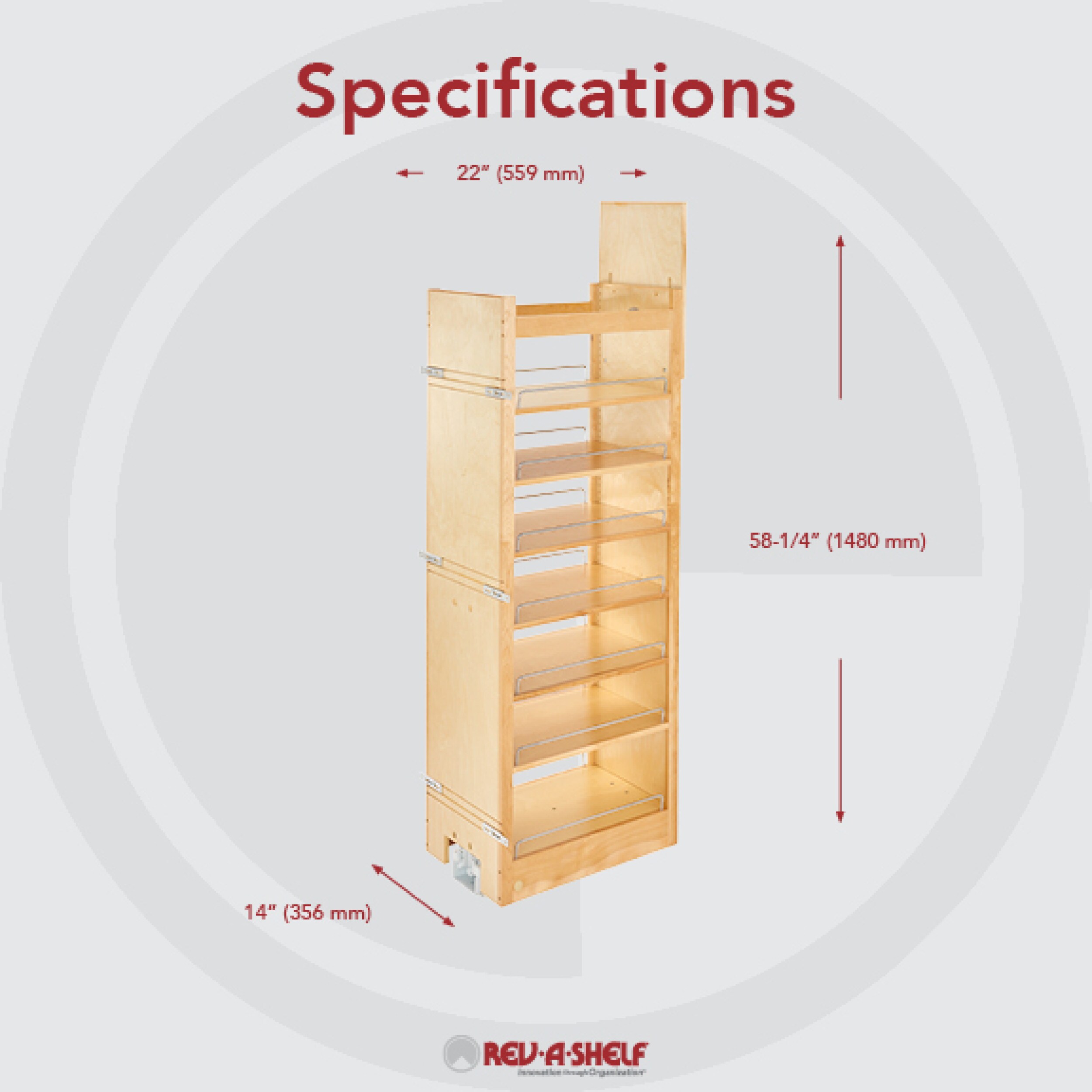 Rev-A-Shelf 8 Pull Out Base Cabinet Organizer with Adjustable Shelves and  Soft-Close Slides for Kitchen or Vanity Cabinets, Maple Wood,448-TP58-8-1