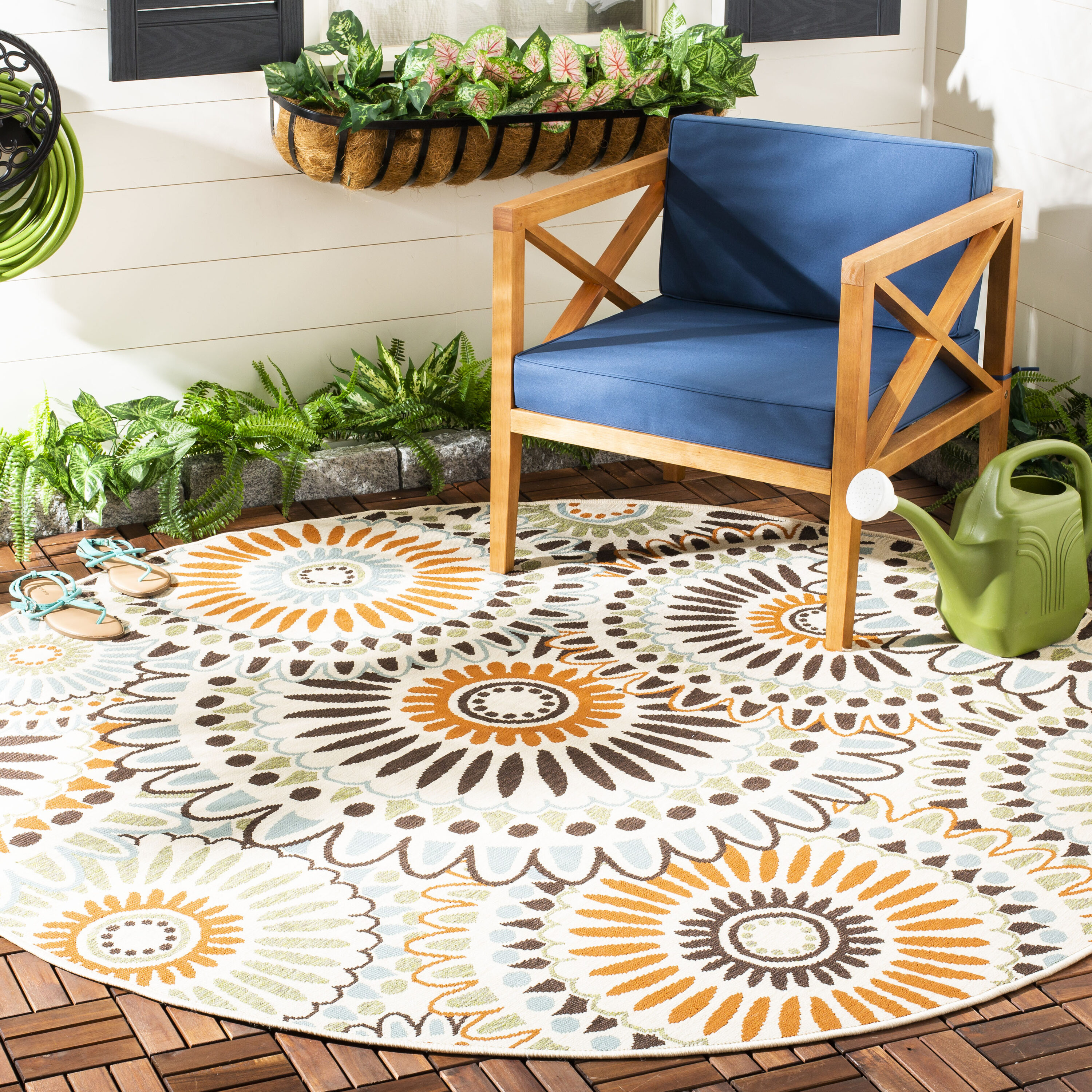 Safavieh VER091-0712-8R Veranda 8 x 8 (ft) Loomed Synthetic Cream/Chocolate Round Indoor/Outdoor Floral Tropical Area rug