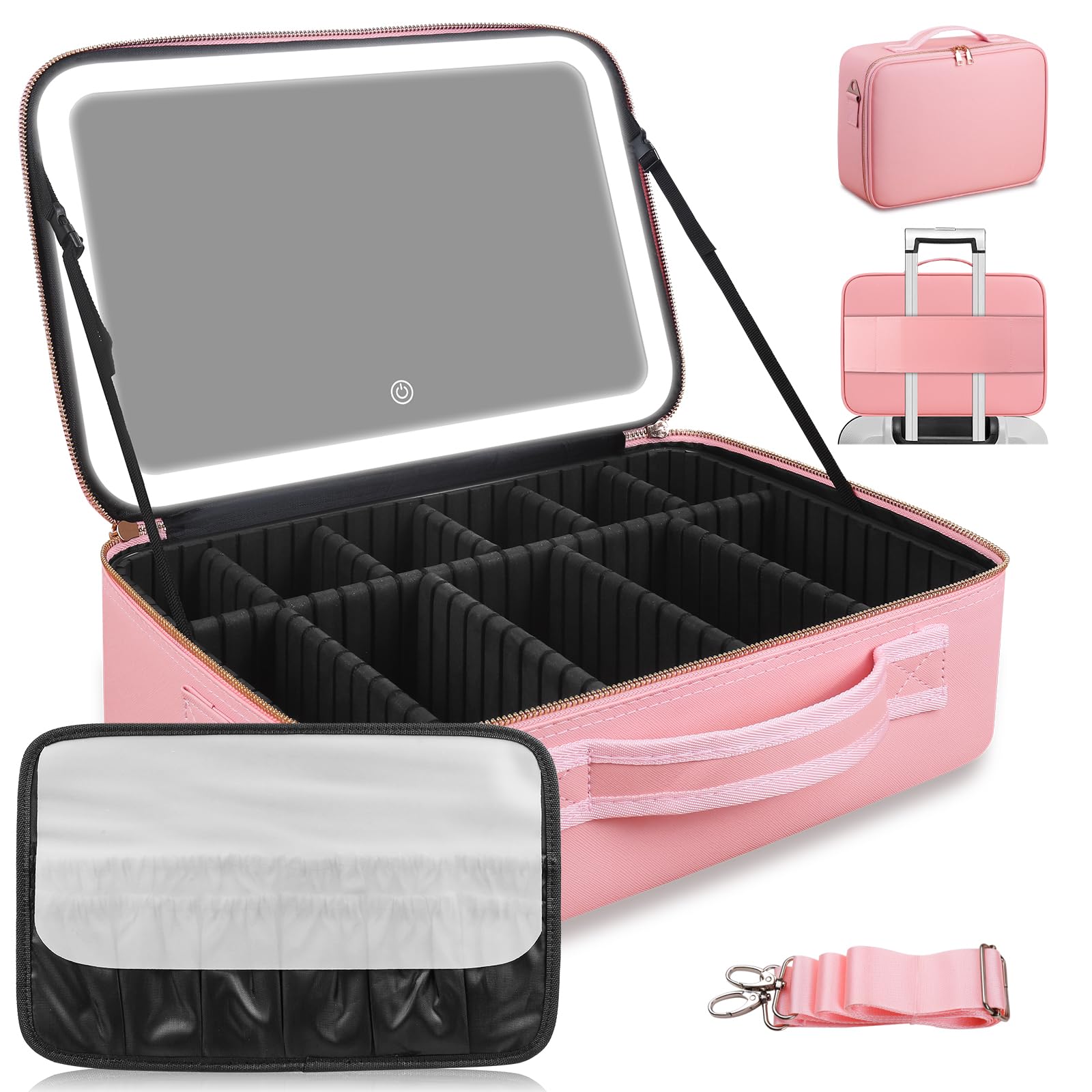 Etokfoks  15x11 Large Makeup Bag with LED Mirror 3 Color Light Adjustable Brightness Travel Cosmetic Case with Dividers Shoulder Strap