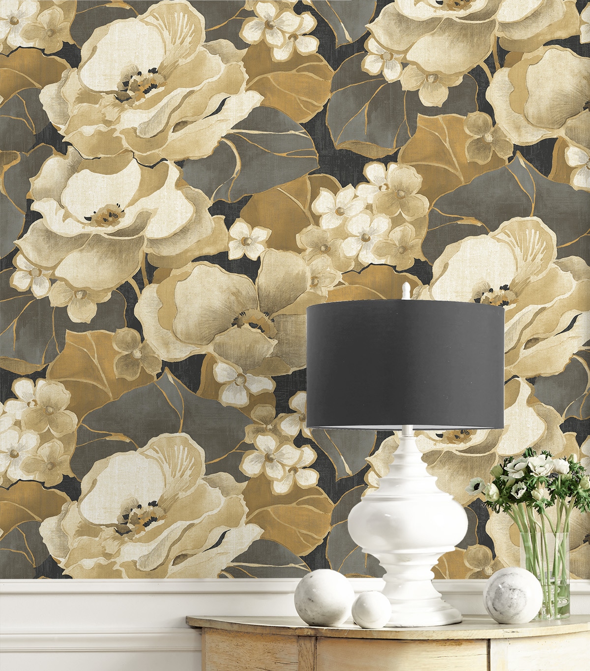 Ebony and Antique Gold Floral Peel and Stick Wallpaper