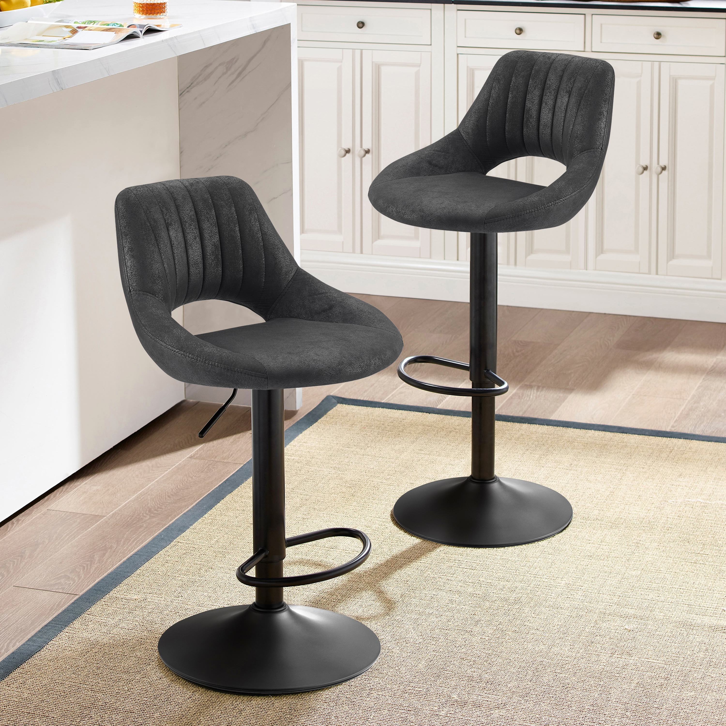 Art Leon BS003-BLACK 2 -Set Black 24.0-in H Adjustable Height Counter height Bucket seat Upholstered Swivel Wood Bar Stool and Back