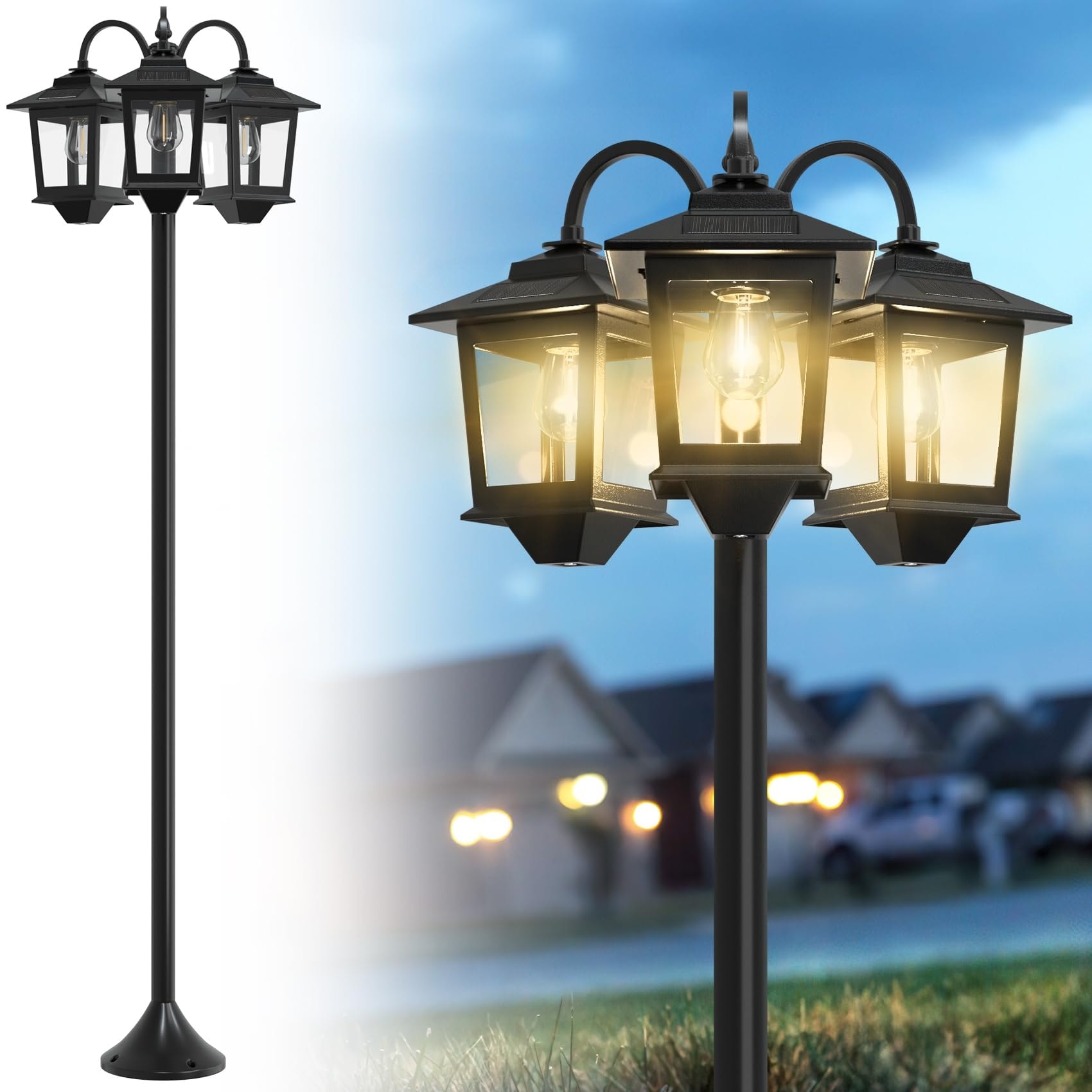Oyezvary  73 Inch Aluminum Solar Lamp Post Light Three Head Outdoor Waterproof Warm White Replaceable Bulb for Patio Yard Porch Easy Install