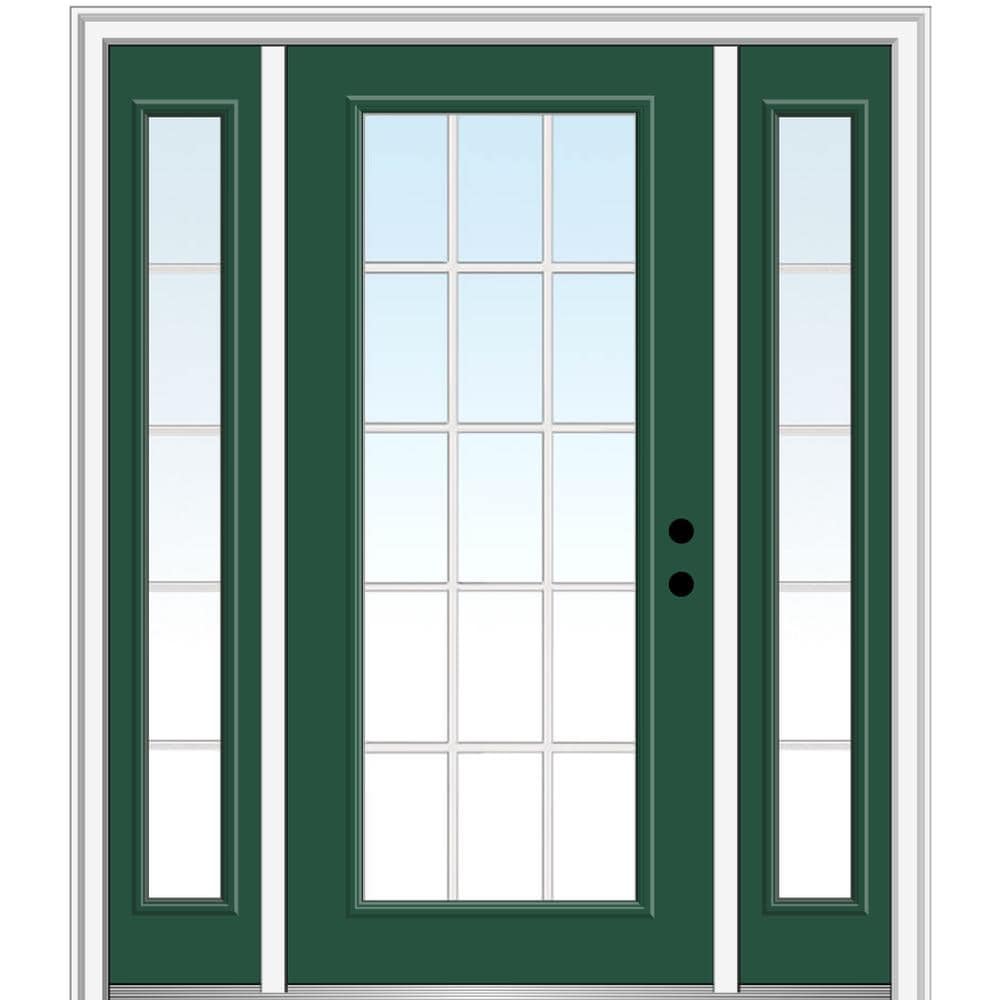 MMI DOOR ZZ05264L 60-in x 80-in x 4-9/16-in Fiberglass Full lite Left-hand inswing Hunter Green Painted Prehung Front Door with Sidelights with Brickmould Insulating core with Grilles