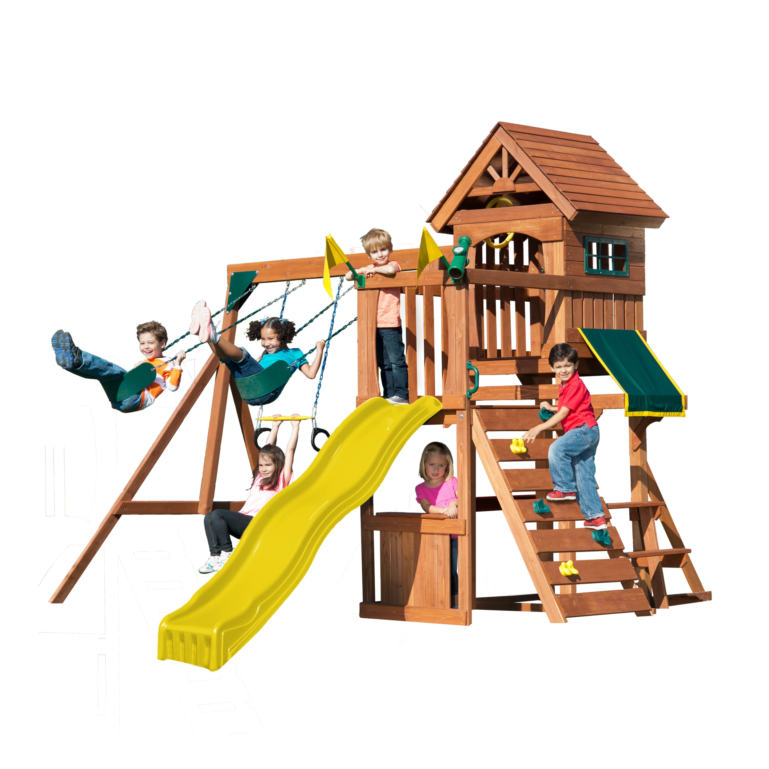 Jamboree Fort Residential Wood Playset with Slide in Brown | - Swing-N-Slide WS 8328