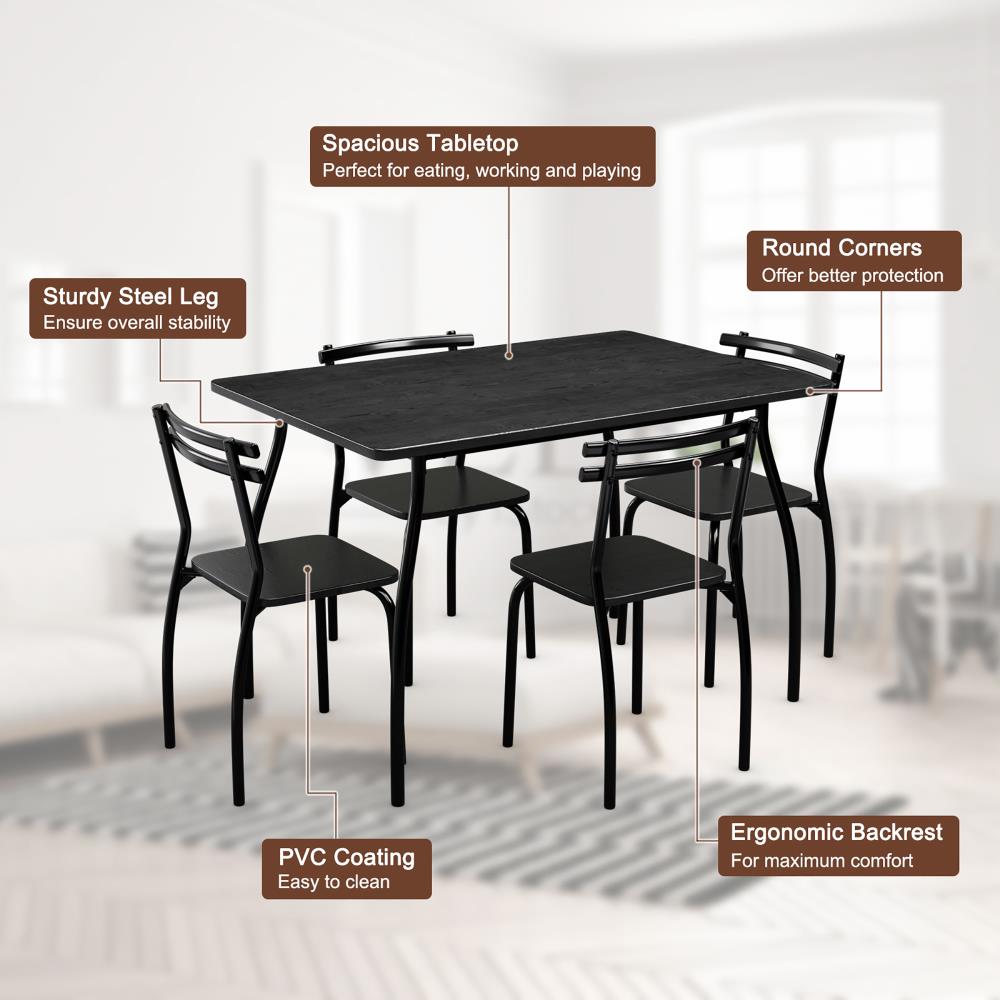 Black Steel and MDF 5-Piece Dining Set with Ergonomic Chairs