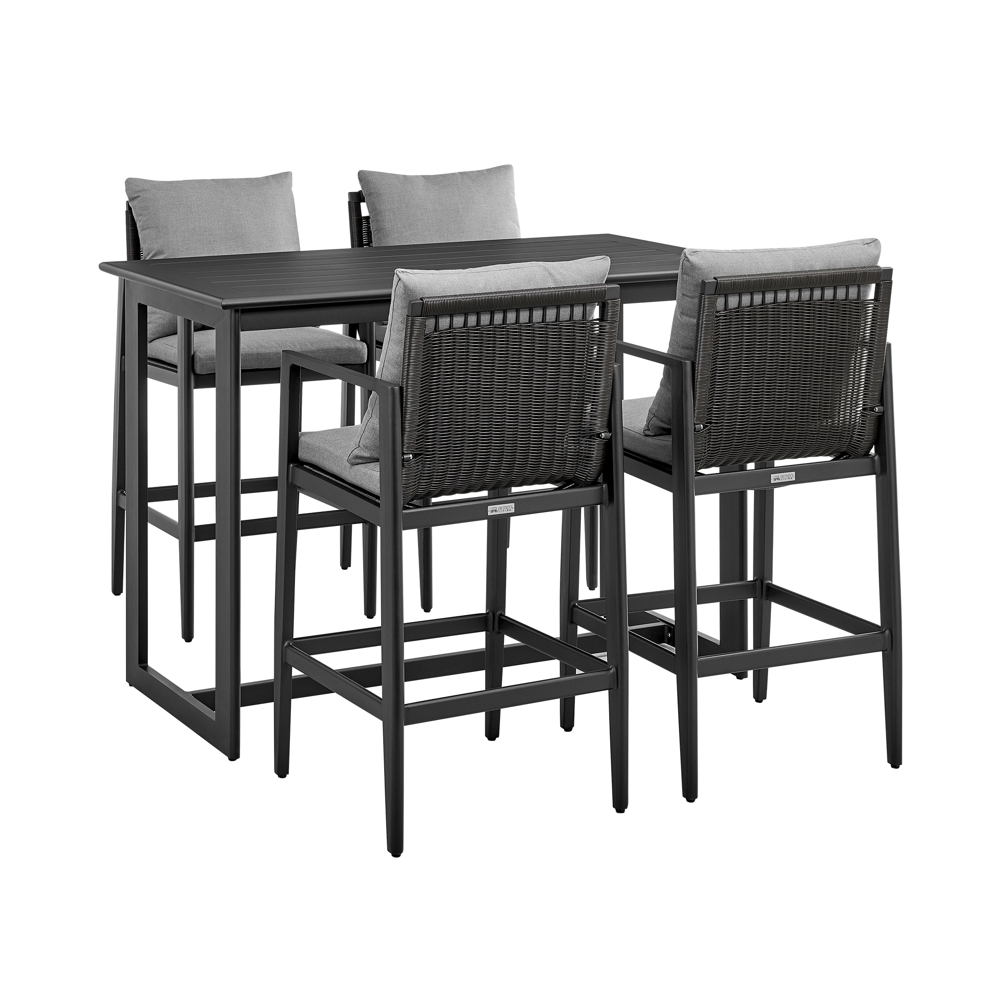 Armen Living SETODCA5BTBLGRY 5 -Piece Black Wicker Bar Height Patio Dining Set Aluminum Rectangle Table with 4 Dark gray Cushions Stationary Chairs