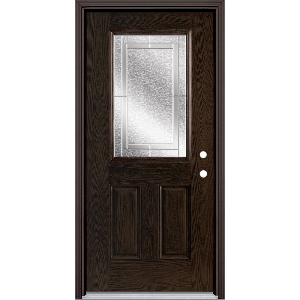 Masonite 3419735 Focus 36-in x 80-in x 4-9/16-in Fiberglass Half lite Left-hand inswing Walnut Stained Prehung Front Door with Brickmould Insulating core