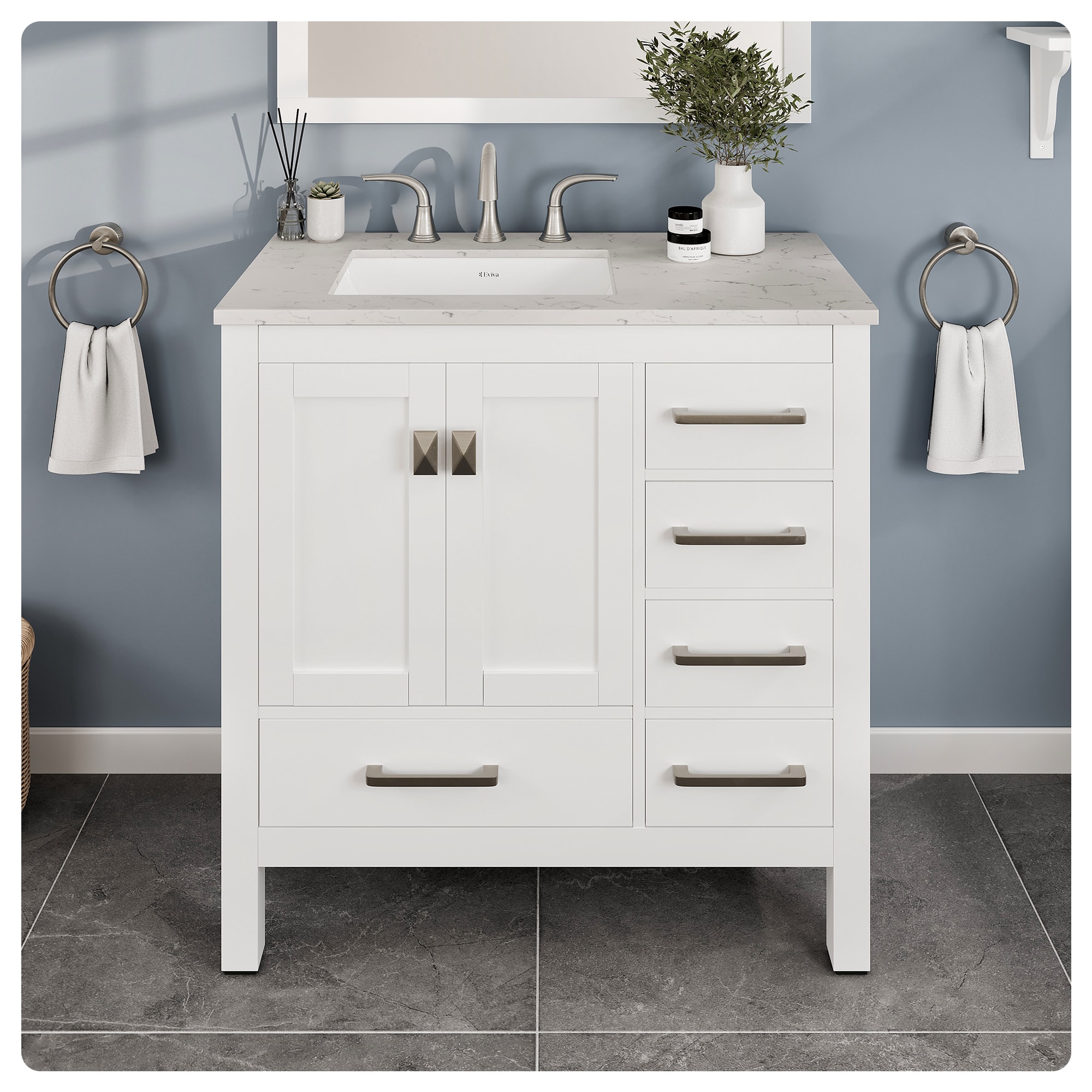 Eviva EVVN412-36WH-Q Aberdeen 36-in White Undermount Single Sink Bathroom Vanity with White Quartz Top