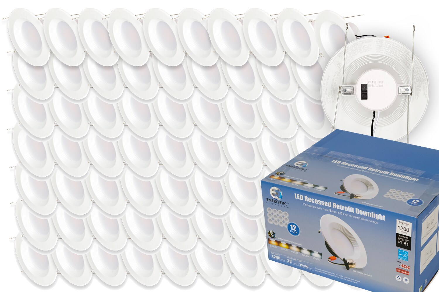 Energetic Lighting E3DL15P56-92765-72P E3DL White 5-in or 6-in 1200-Lumen Switchable Round Dimmable LED Canned Recessed Downlight (72-Pack)
