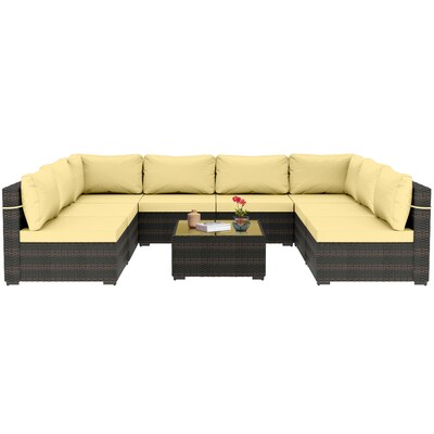 UPHA Wicker Patio conversation set 9 -Piece Wicker 4 Patio Sofa Conversation Set with Yellow Cushions