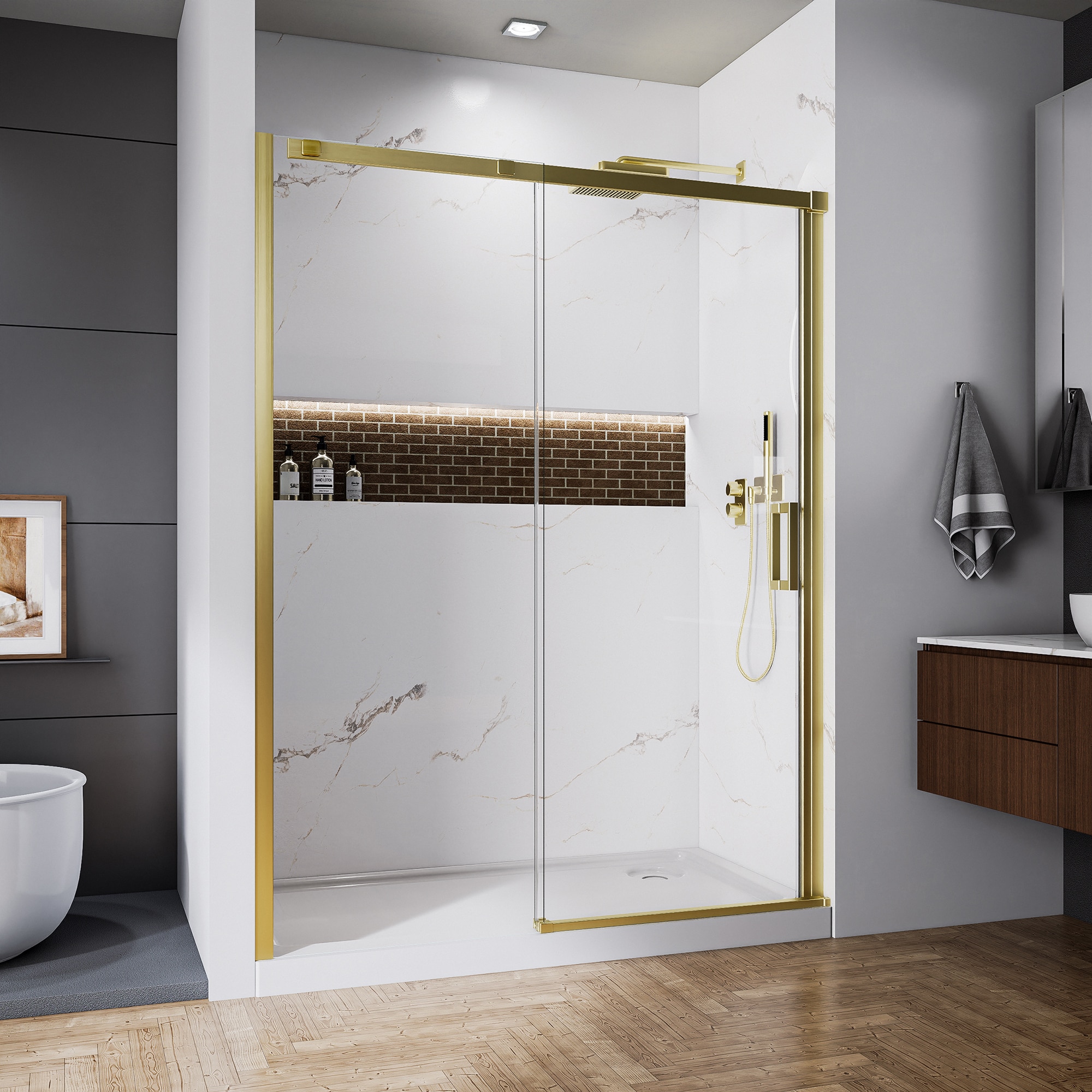 Forclover - Reversible Door Gold 56-in to 60-in W x 74-in H Framed Clear Glass Sliding Shower door