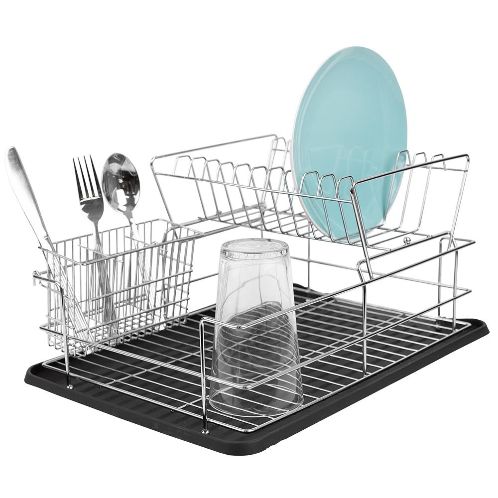 Basicwise Stainless Steel Dish Rack with Plastic Drain Board and Utensil Cup