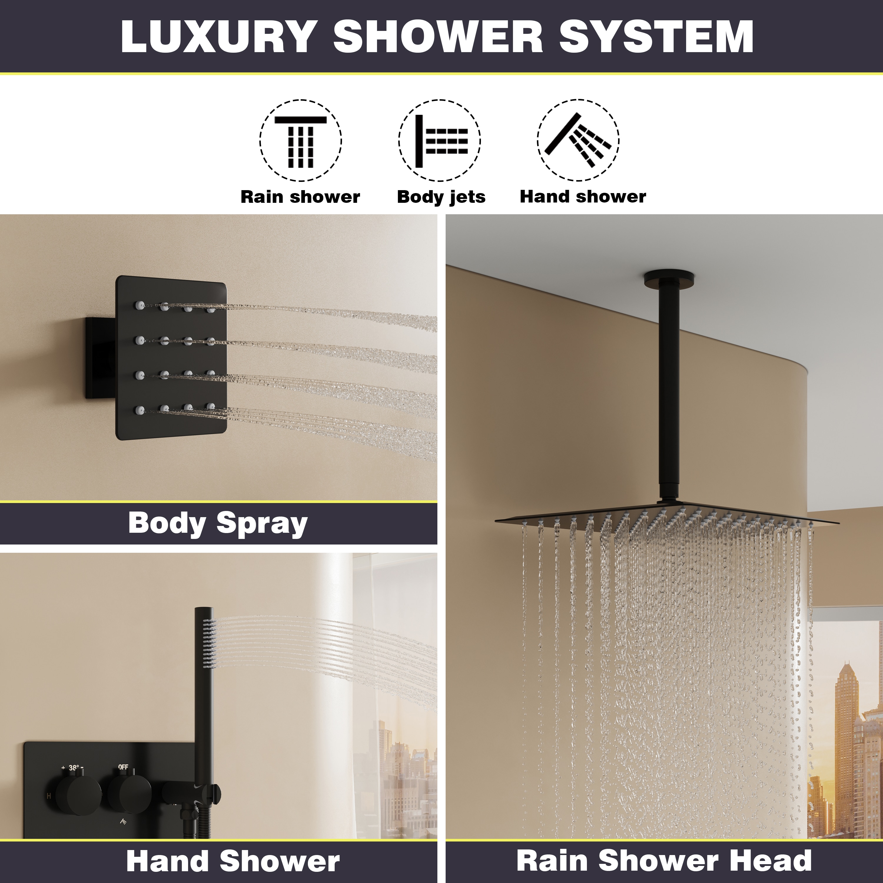 WELLFOR SPA-88003BG Showerhead-Bar-Panels - View #5