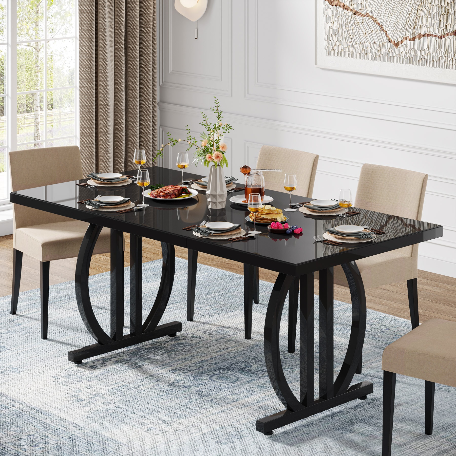 Tribesigns - Black Modern Rectangular Dining Table 63 L x 29.5 H with Geometric Legs