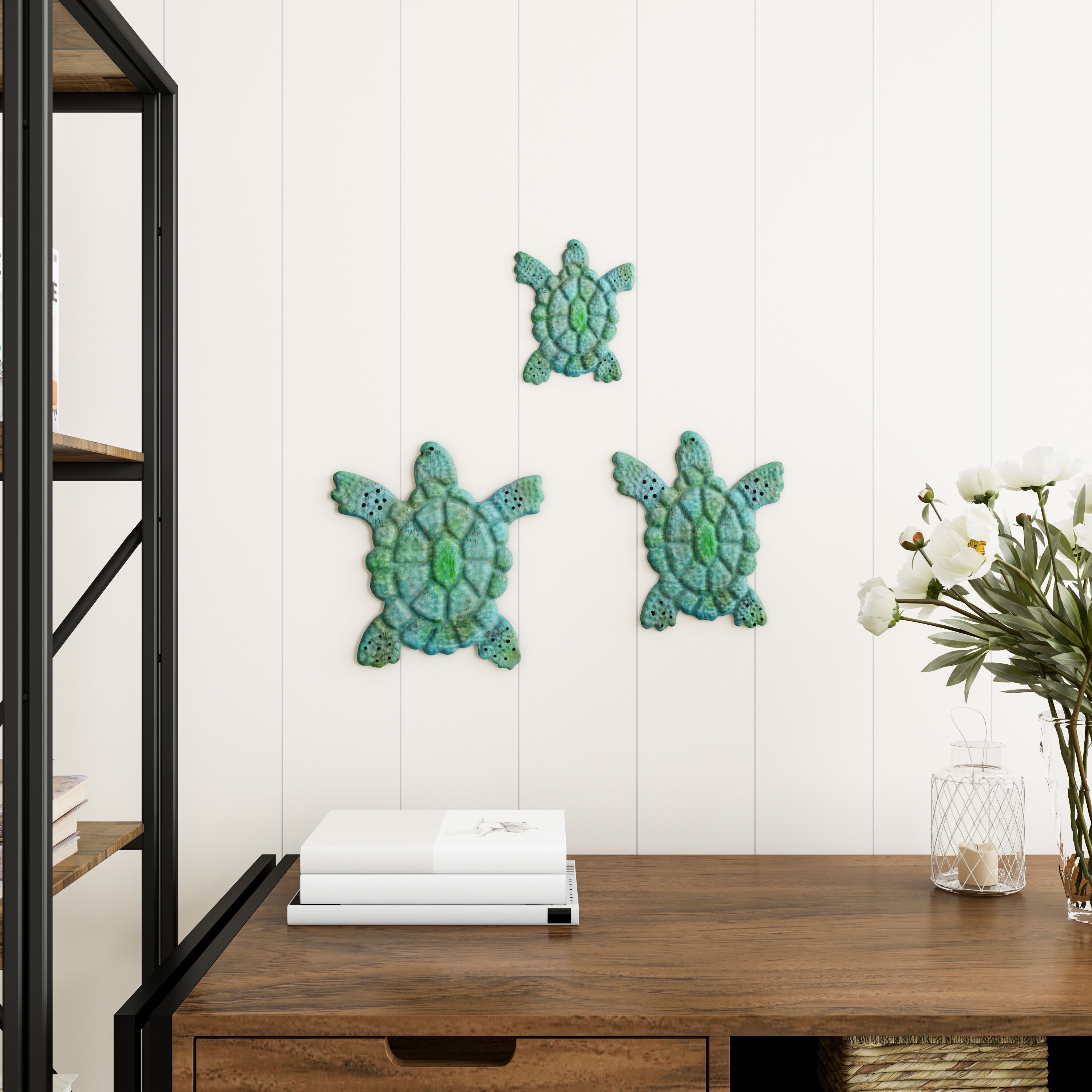 Sea Turtle 3D Metal Wall Art Set in Green and Blue