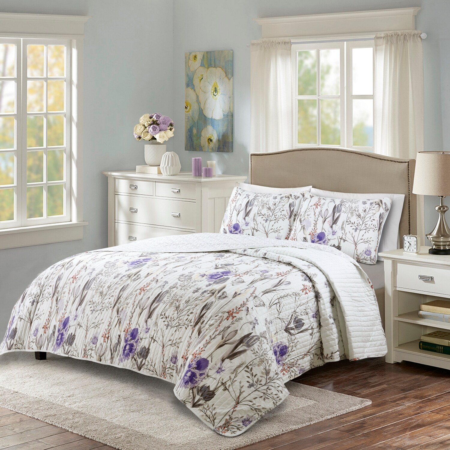 Adalia King Purple and Gray Floral Cotton Quilt Set