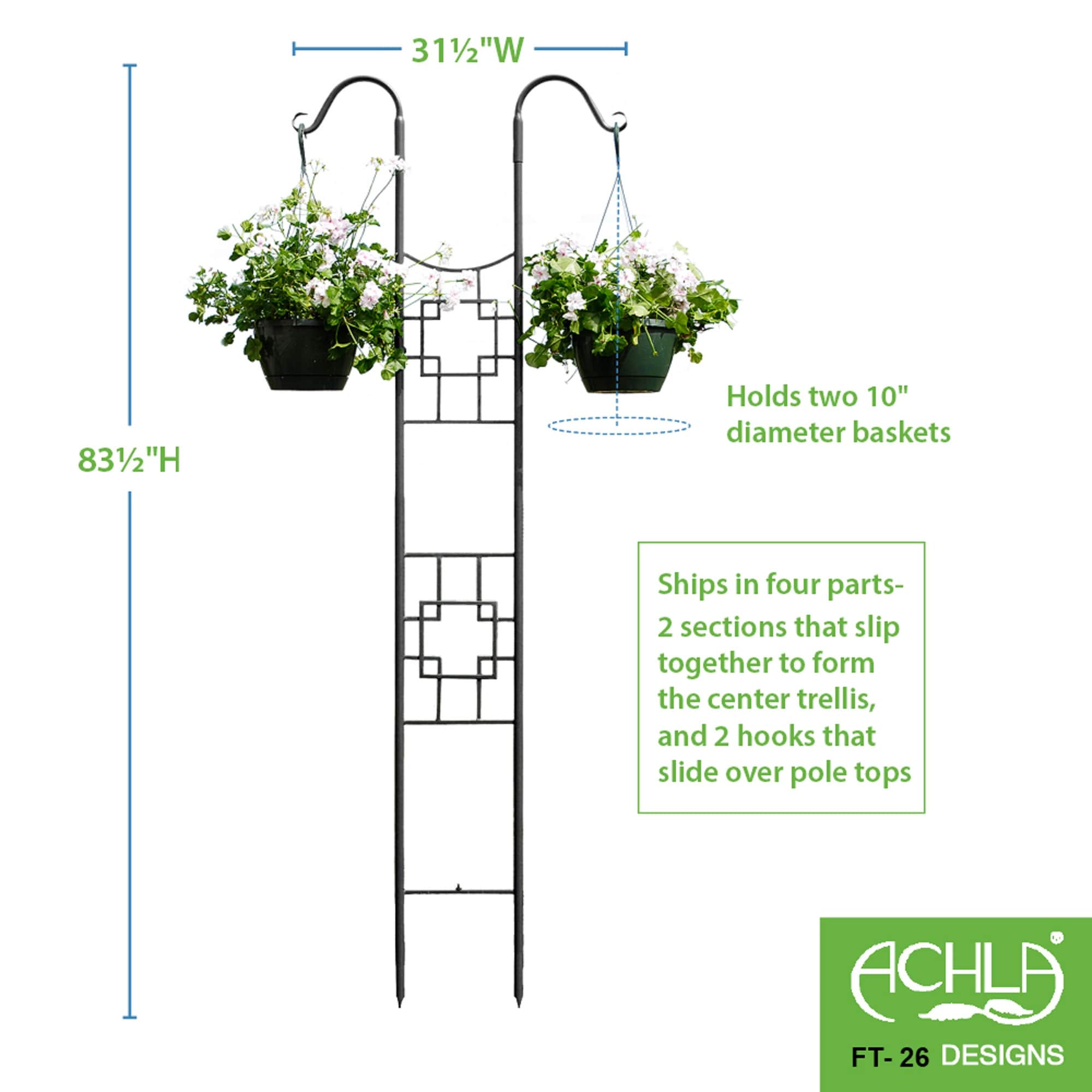 Graphite Wrought Iron Double Pole Trellis with Hooks