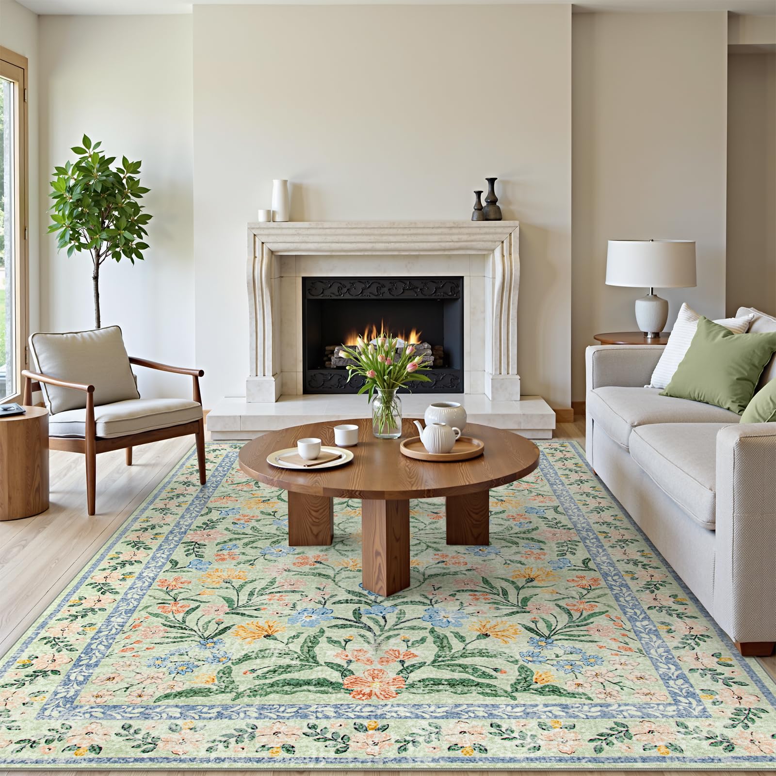 Lahome AR-DYR-189-G3 9 x 12 (ft) Green Oriental Fresh Floral Short Pile Velvet Rectangular Indoor Area Rug