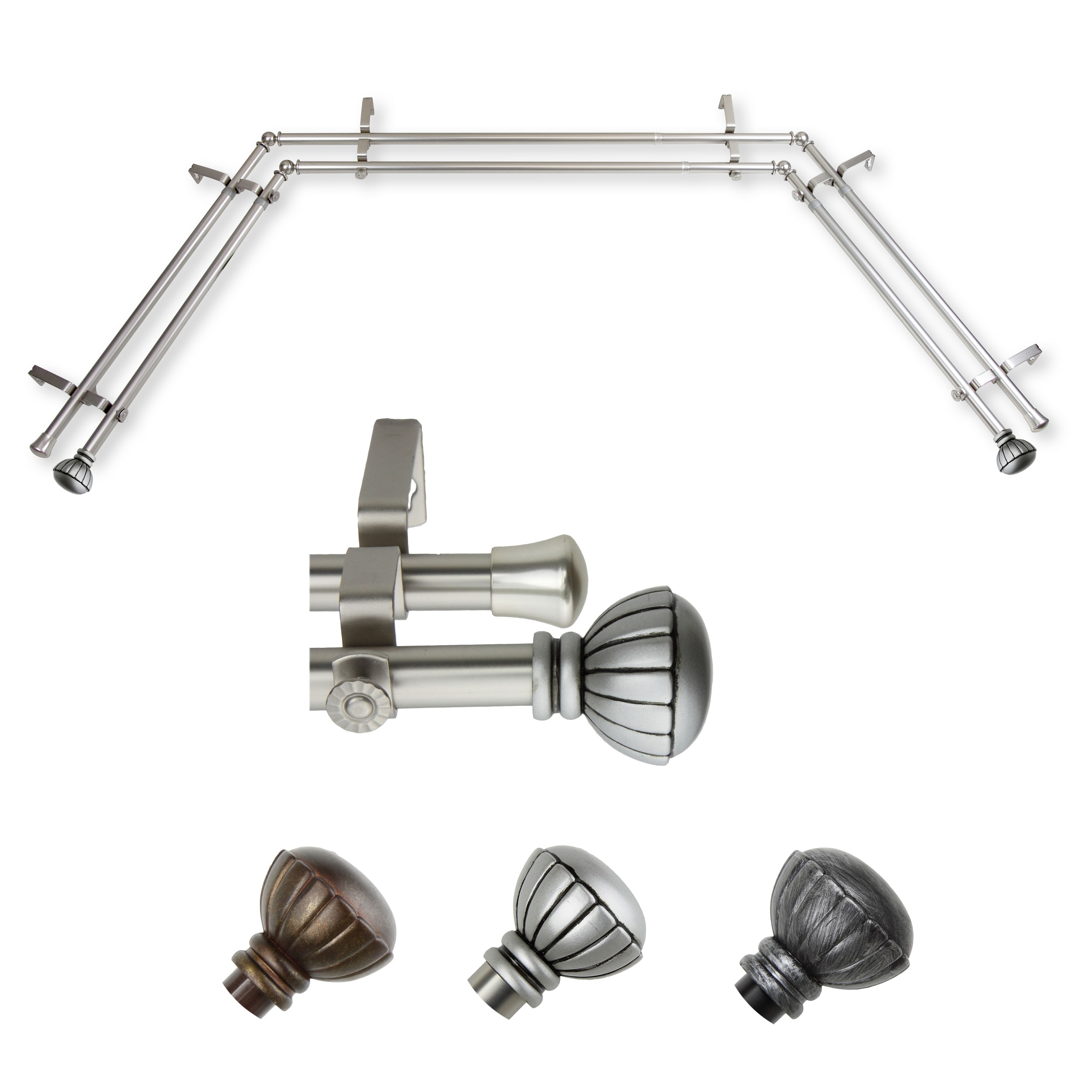 Hart & Harlow LO-ABAY-05-5D 72-in to 144-in Satin Nickel Steel Bay window curtain rod with Finials
