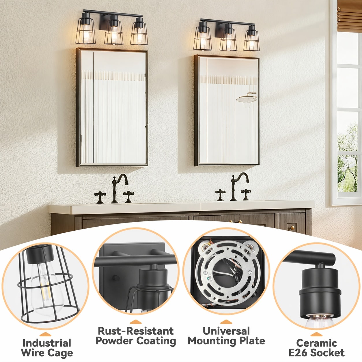 Aoibox 17 9 in 3 Light Black Industrial Wire Cage Bathroom Vanity Light ...
