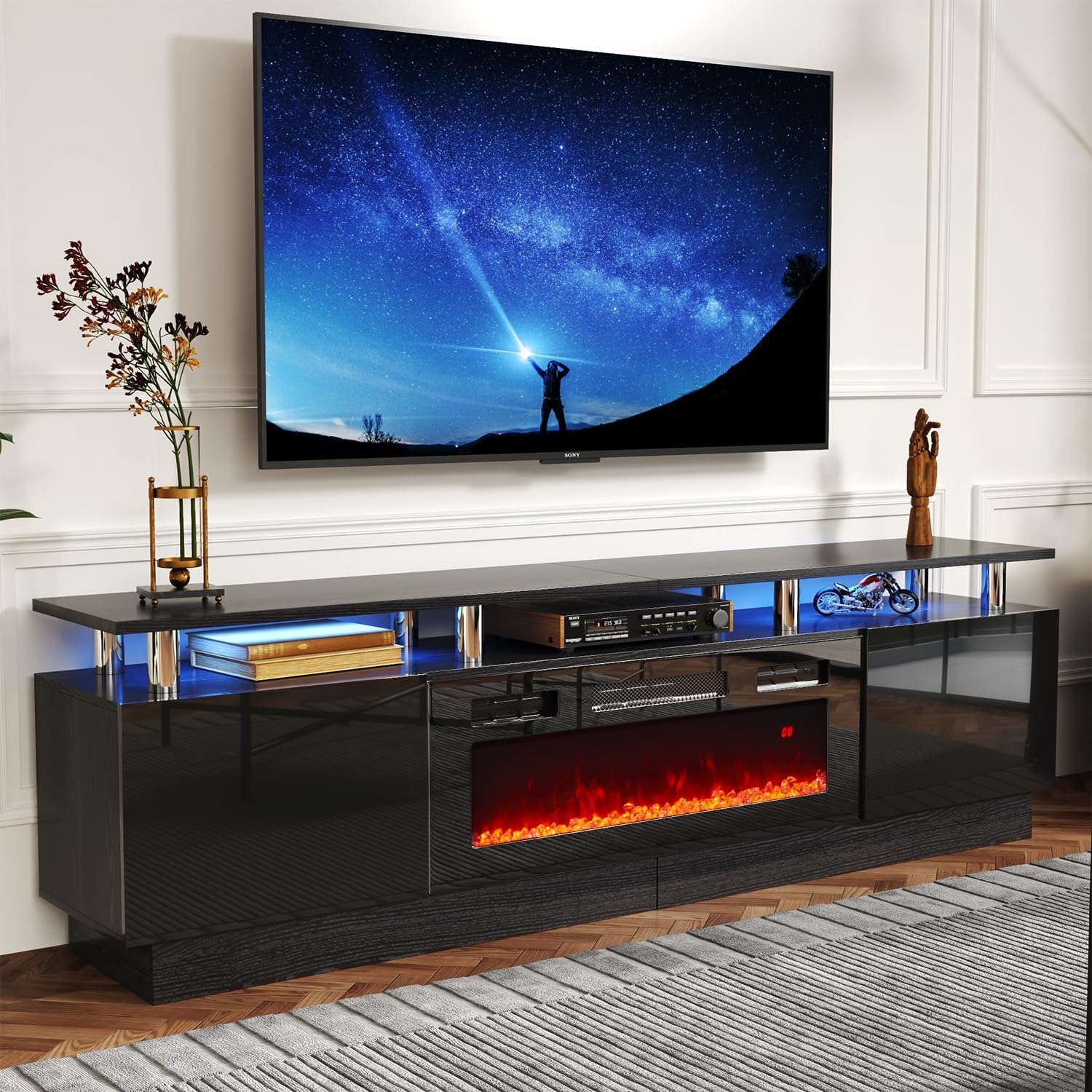 AOXUN 70-in W Black TV Stand with LED Electric Fireplace H21011BR+H20017 Sansujyuku sansujyuku.com