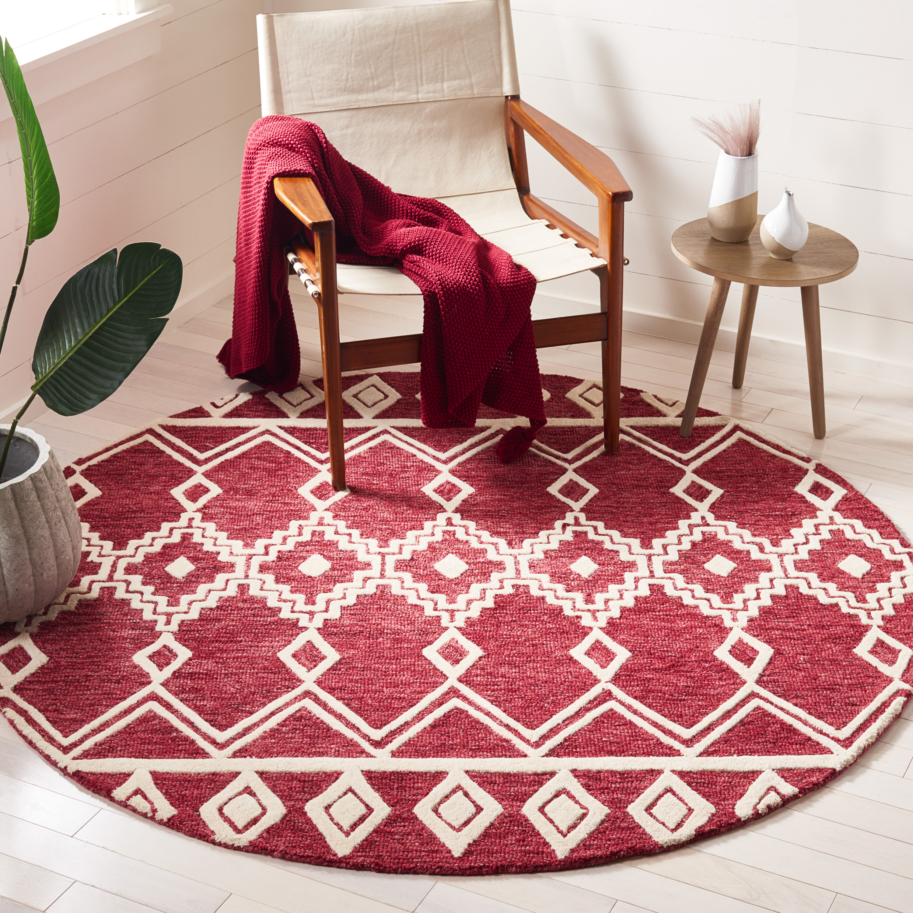  Abstract 851 Red/Ivory Bohemian 6ft x 6ft Round Rug