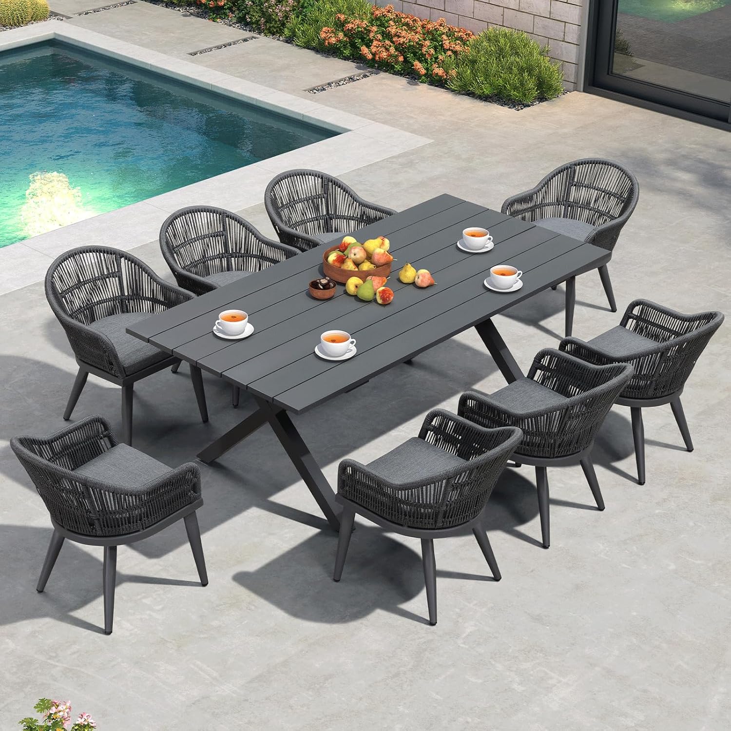 PURPLE LEAF LS03-VT09-205-GY 9 -Piece 9 pieces-Rectangle Rattan Patio Dining Set Aluminum Rectangle Table with 8 Gray Cushions Stationary Chairs