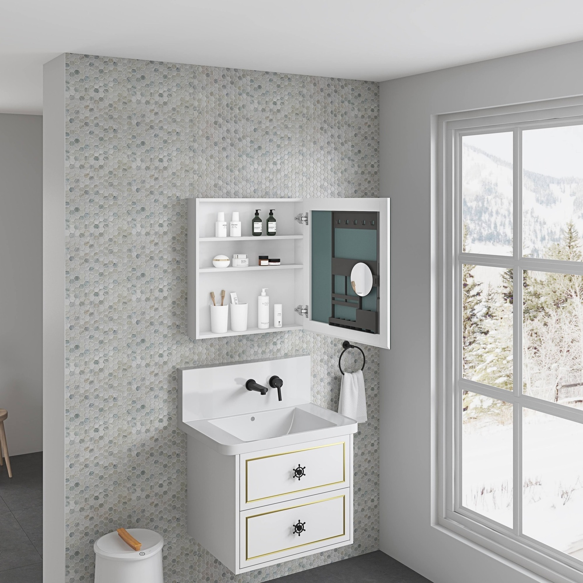 IAK 24 inch x 26 inch White Engineered Wood Surface Frameless Mirror Medicine Cabinet with Beveled Mirror Edges and Right Opening Door