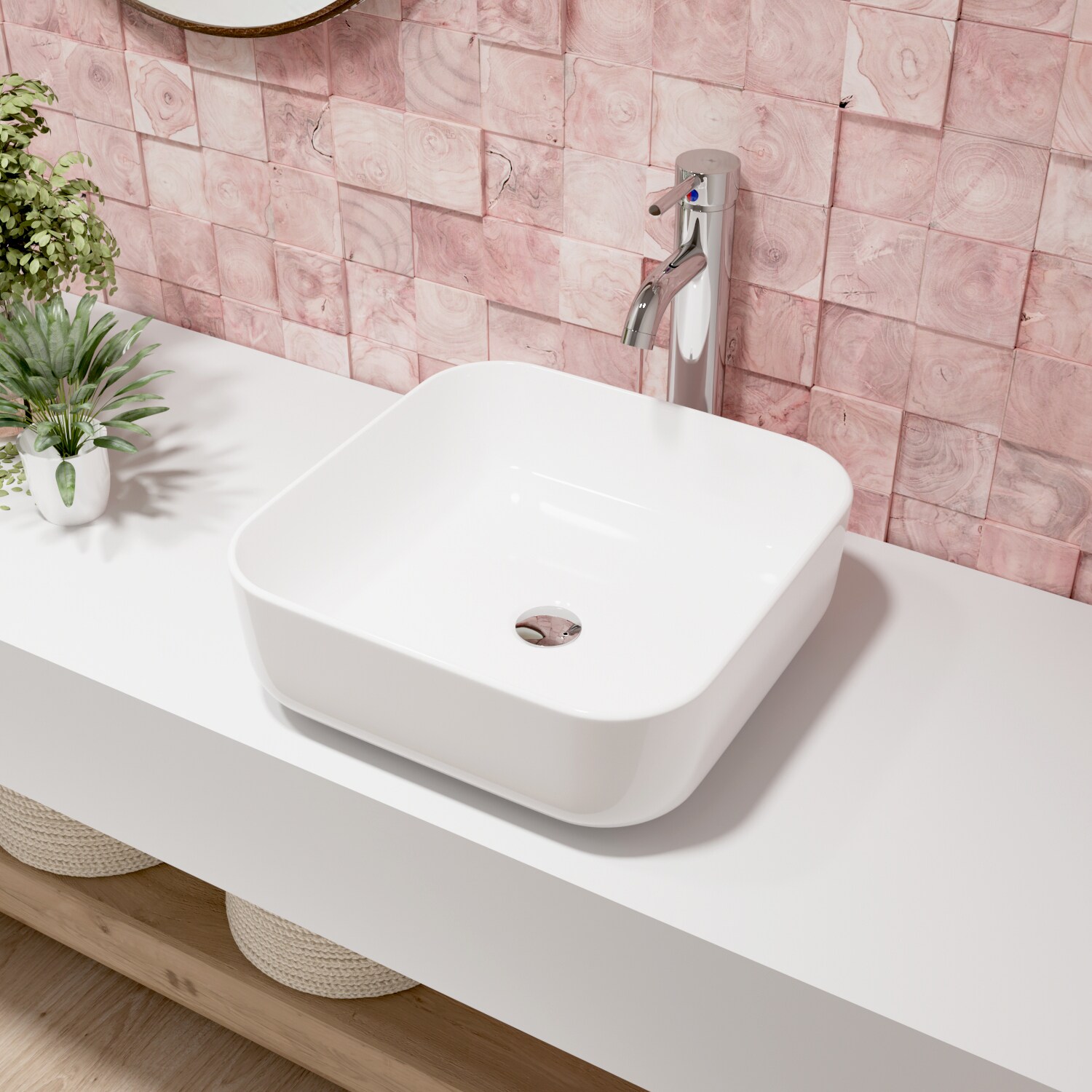 DeerValley DV-1V021 Ace Ceramic Vessel Square Traditional White Bathroom Sink ( 15.16-Inches x 15.16-Inches )