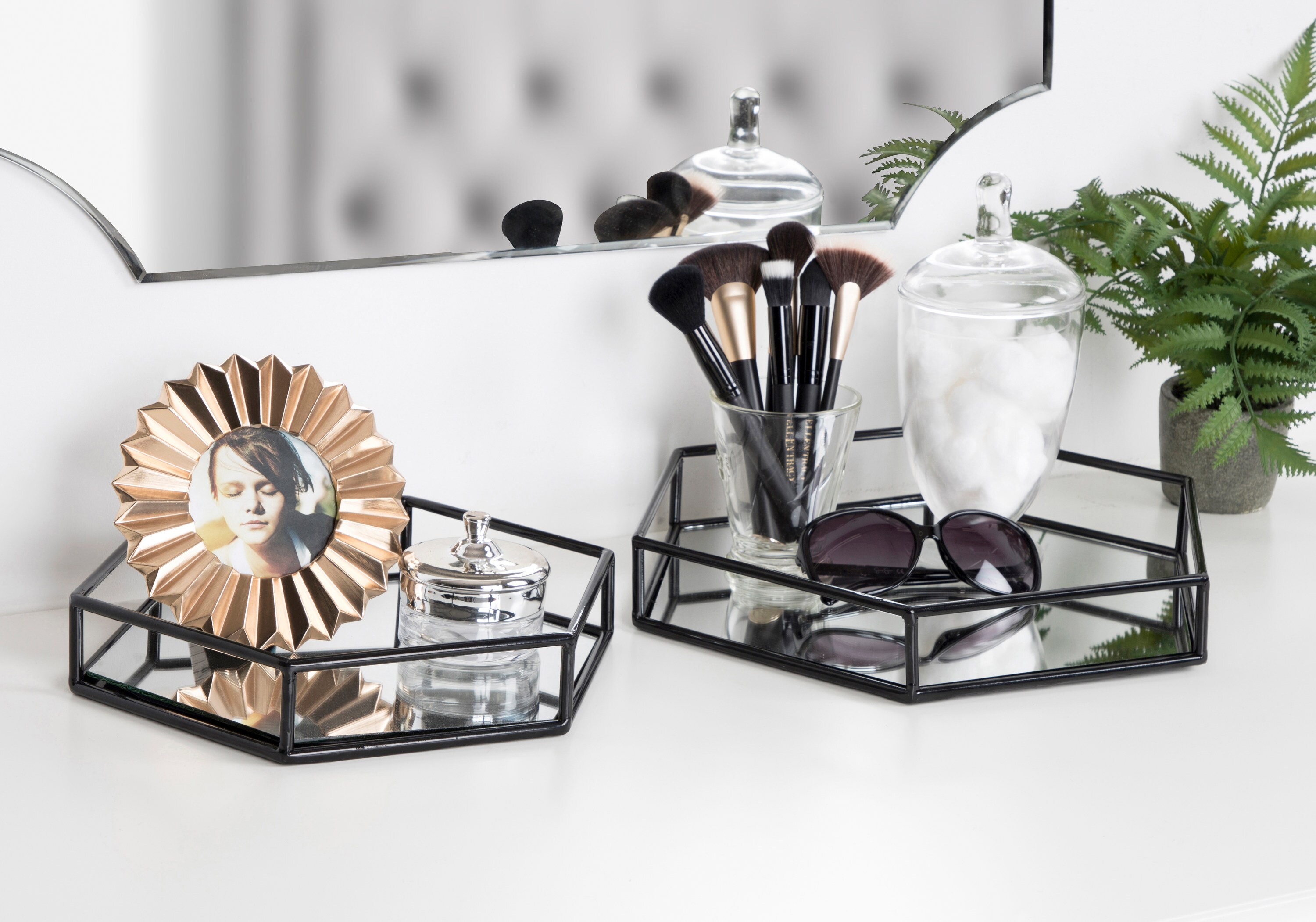 Black Hexagonal Metal and Mirrored Glass Decorative Trays, Set of 2
