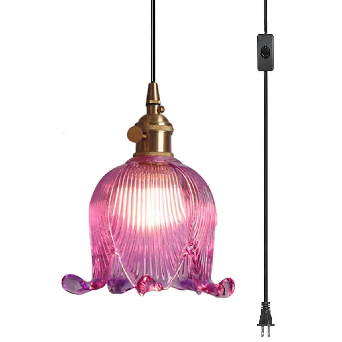 Yichuhaoxi  Hanging Swag Plug in Pendant Light Flower Shaped Purple Glass Plug Pendant Lamp with 15 foot Switch Cord Plug in Vintage Industrial