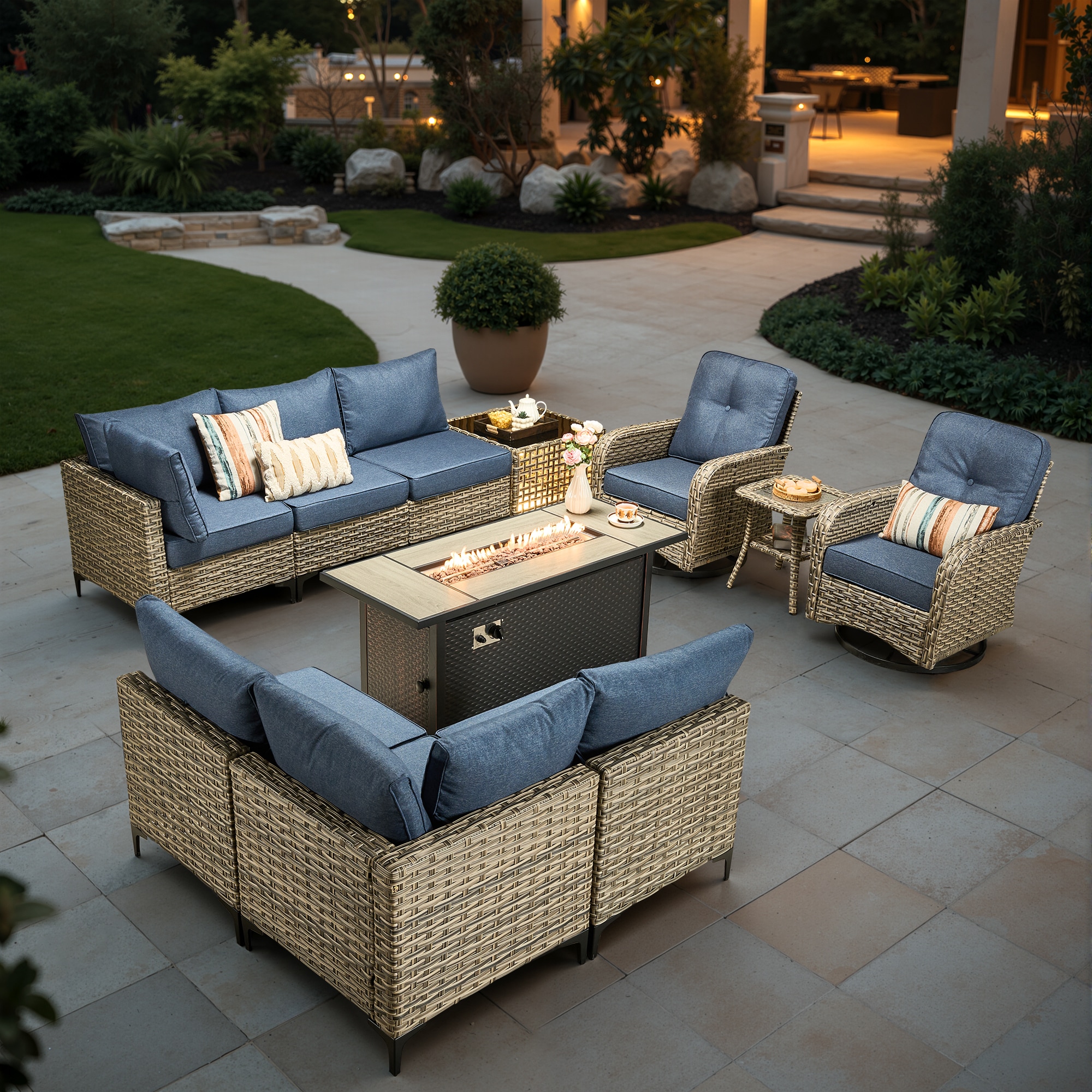 weaxty CFP85DSCRRSYZVNC511 Lotus Wicker Outdoor Sectional with Blue Cushions and Steel Frame
