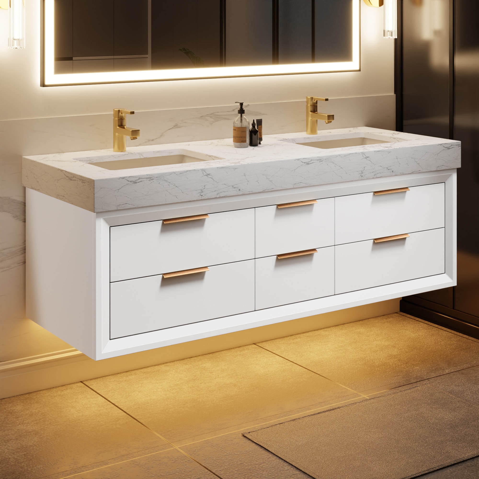 ExBrite XB6021V11DWH 60-in White Undermount Double Sink Floating Bathroom Vanity with White Engineered Stone Top