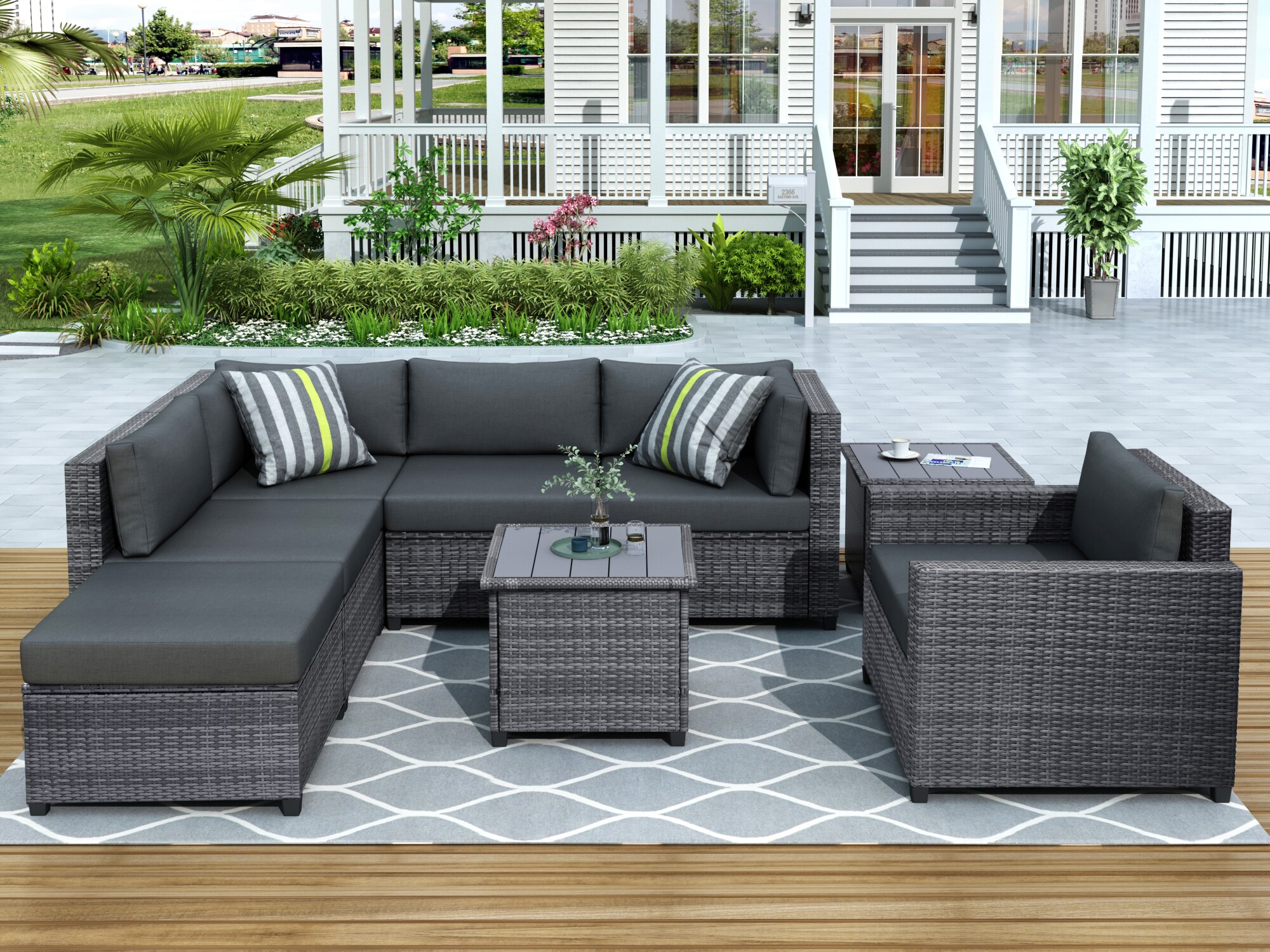 SINOFURN Rattan Outdoor Sectional with Red Cushion(S) and Rattan