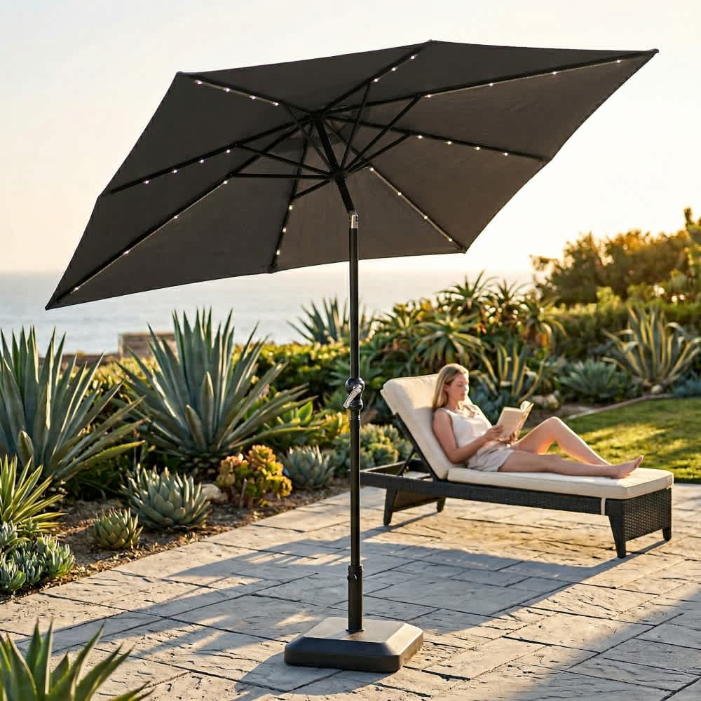 Ama Pear Gray Solar LED Umbrella for Patio Pool Beach