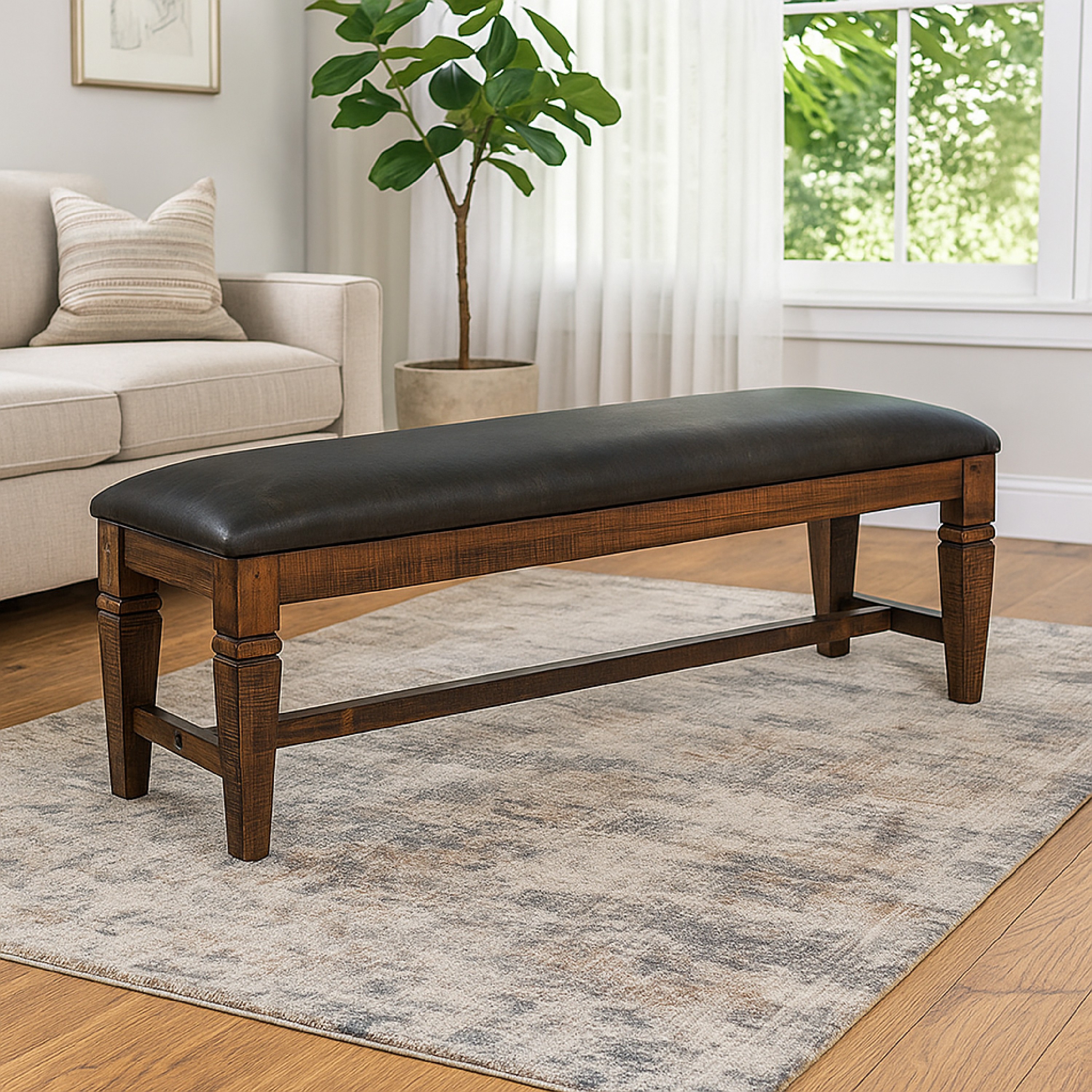 Benzara - Flint 56 in Brown and Gray Entryway Dining Bench with Dark Gray Faux Leather Cushion Seat